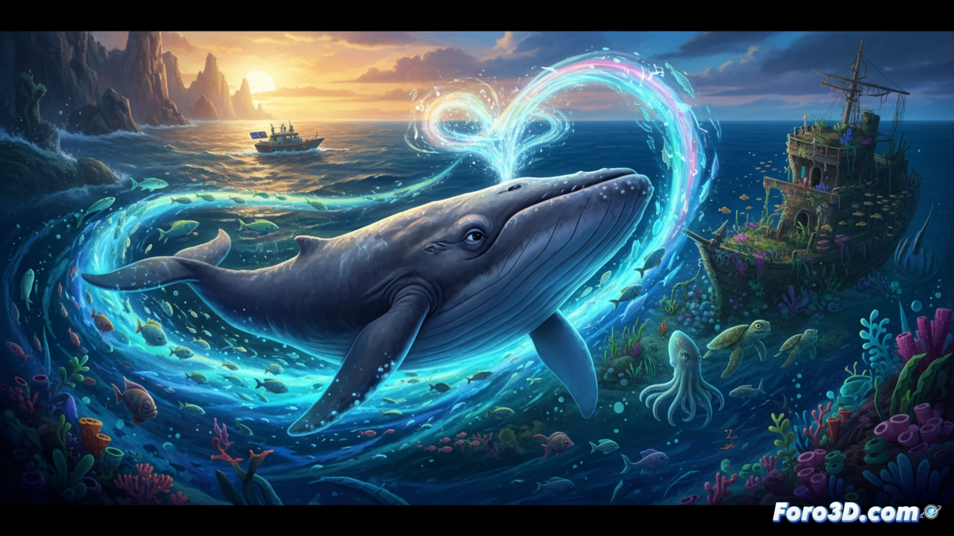 young humpback whale swimming through deep blue ocean, mouth slightly open releasing a shimmering spiral of musical notes and sound waves, notes transforming into glowing bubbles that rise toward a damaged coral reef, reef showing bleached white branches and plastic debris tangled in seaweed, whale’s eye focused forward with determined expression, dorsal fin slicing through sunbeams from surface, cinematic underwater lighting, dramatic contrast between bright musical energy and dark polluted seafloor, photorealistic ocean ecosystem, dynamic action showing whale singing while swimming upward, soft bioluminescent particles drifting around tail fluke, ultra-detailed water caustics and marine textures, emotional adventure atmosphere
