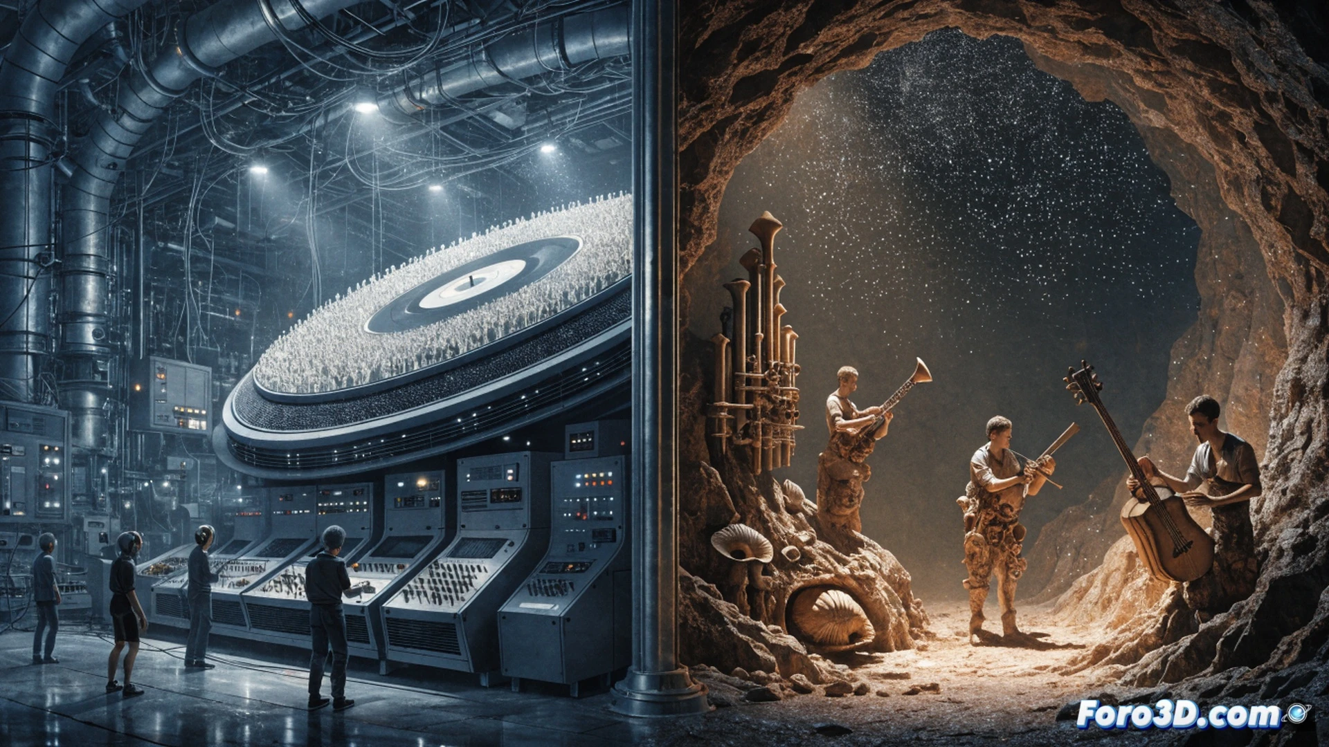 Photorealistic cinematic scene showing a vintage analog mixing console in a dim recording studio, a cracked vinyl record being crushed by a massive gold coin stamped with a dollar sign, while a microphone cable wraps around a struggling electric guitar neck, broken amplifier tubes sparking nearby, dramatic chiaroscuro lighting, dust particles floating in the air, worn leather studio headphones hanging from the console, technical illustration style, detailed circuitry visible through a smashed amp grille, cold blue and warm amber contrast, medium shot with shallow depth of field