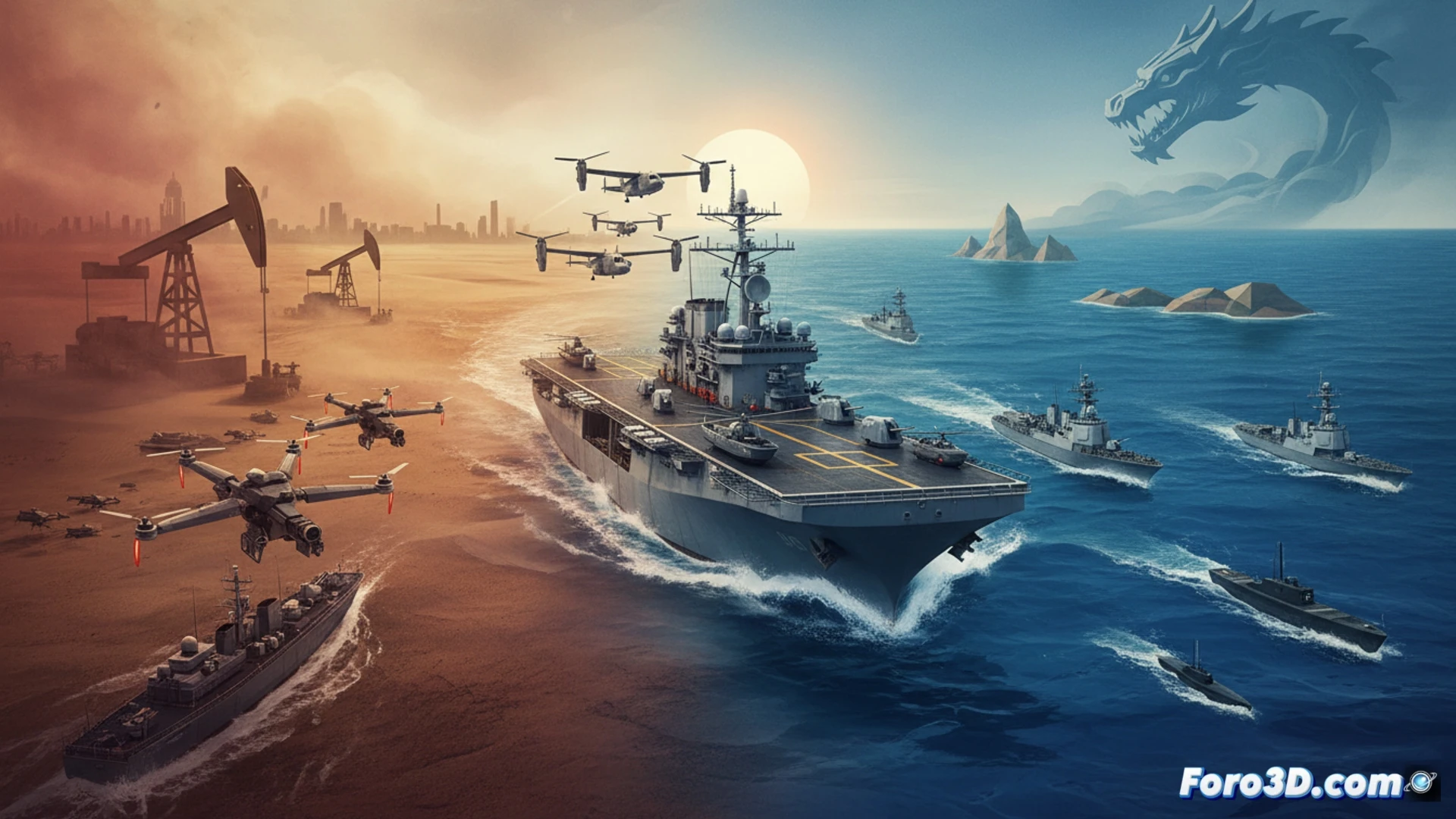 Aircraft carrier USS Boxer transitioning from Middle Eastern desert backdrop to South China Sea horizon, two thousand marines in full gear boarding amphibious assault vehicles on deck, naval radar dishes rotating under grey overcast sky, warship wake cutting through choppy ocean, military helicopters circling overhead, photorealistic cinematic wide shot, dramatic storm clouds gathering in distance, cold blue-green ocean tones contrasting with warm desert tones fading behind, ultra-detailed naval engineering, realistic maritime lighting, sharp focus on deck operations and weapon systems, no text or numbers visible