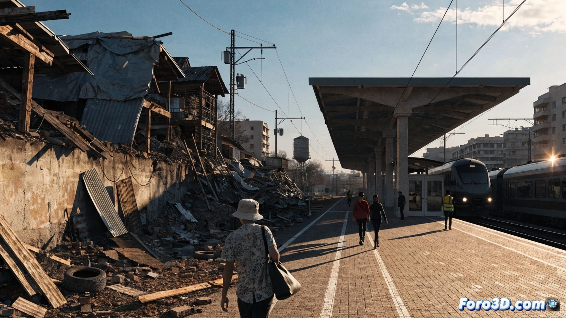 Aerial view of a bulldozer demolishing a corrugated metal shack in a dusty clearing, while a passenger train moves slowly on adjacent tracks with signal lights showing red, construction workers in high-visibility vests monitoring the process, urban wasteland transitioning to cleared terrain, cinematic engineering visualization, dramatic sunset lighting, heavy machinery tracks in mud, photorealistic architectural demolition scene, technical precision in train railway infrastructure