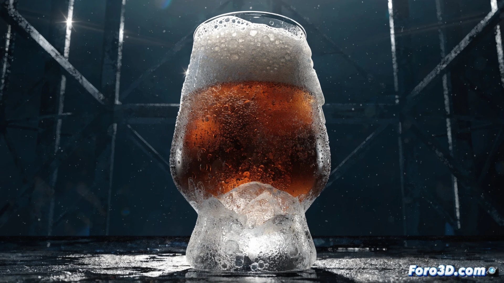 frosted beer glass being pulled from freezer, condensation instantly forming on surface, ice crystals visible on rim, liquid beer being poured from bottle into glass, extreme cold causing rapid foam collapse and flat bubbles, beer losing carbonation texture, aromatic hop vapors dissipating instead of rising, glass surface showing frozen micro-particles mixing with beer, cinematic photorealistic technical illustration, macro lens close-up, dramatic side lighting revealing frozen condensation layers, high contrast between cold glass and warm ambient summer terrace background, ultra-detailed liquid physics, beer molecular breakdown visualization with faint blue cold trails