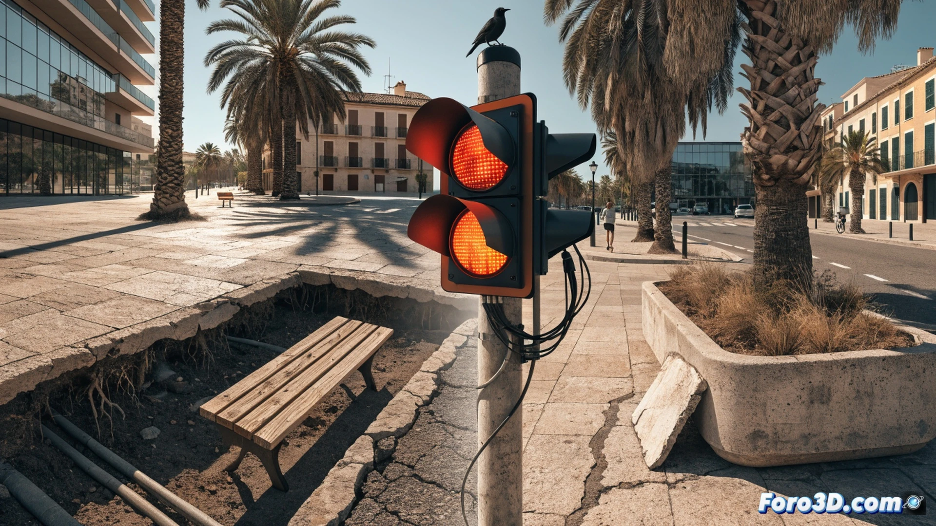 urban heat island effect visualization, Palma city plaza with empty stone pavement under intense midday sun, single elderly person seeking shade against a closed metal shutter, two broken public fountains with dry basins and peeling paint, no trees or awnings casting shadows, cracked asphalt road radiating heat waves, distant shimmering air above a bus stop without shelter, photorealistic technical illustration, harsh sunlight bleaching colors, dramatic contrast between bright exposed areas and dark narrow shadows, ultra-detailed brick textures and rusted pipe details, cinematic environmental documentation style