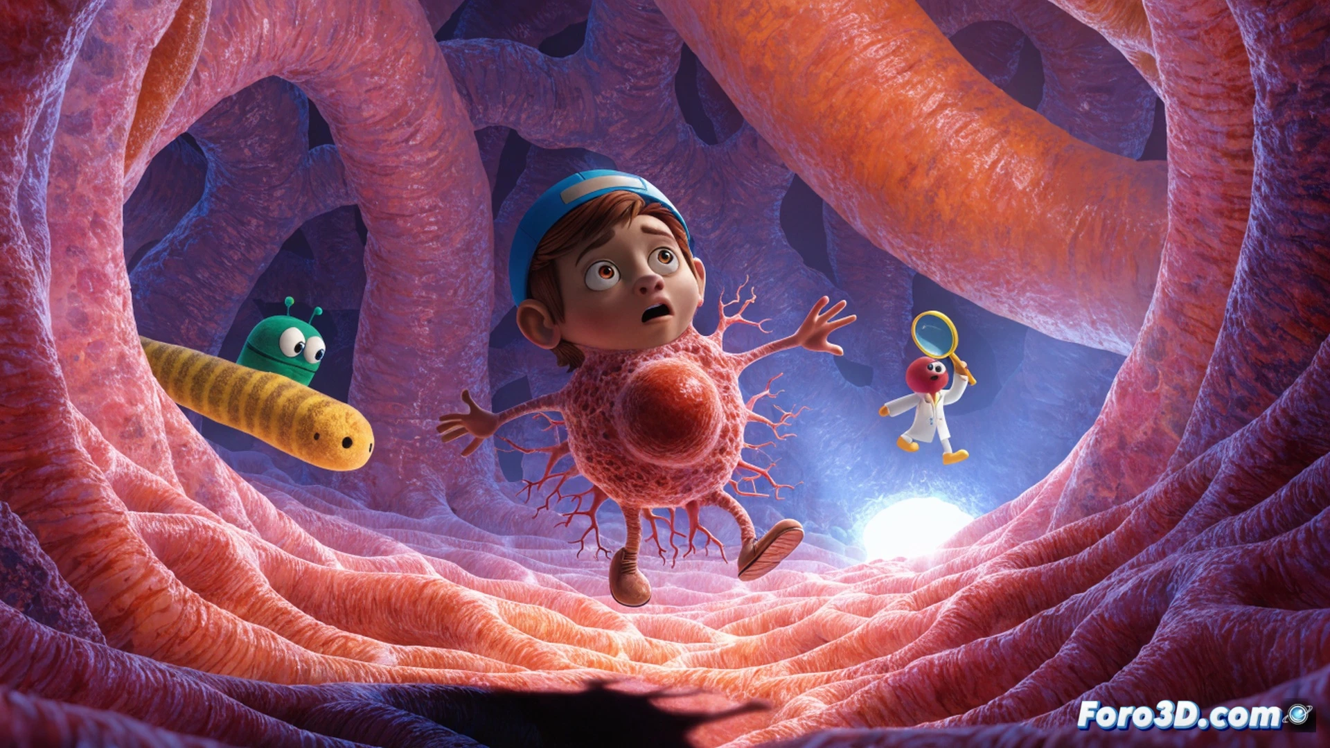 Microscopic view inside a human bloodstream during The Magic School Bus adventure, glowing red blood cells flowing past a miniature yellow school bus with children visible through windows, bus navigating through artery walls with white blood cells approaching, cellular structures and plasma visible, educational biology illustration style, soft internal body lighting with warm organic tones, detailed cellular textures, dynamic motion showing bus moving through vessel, realistic anatomical visualization with cartoon elements blended, cinematic scientific render