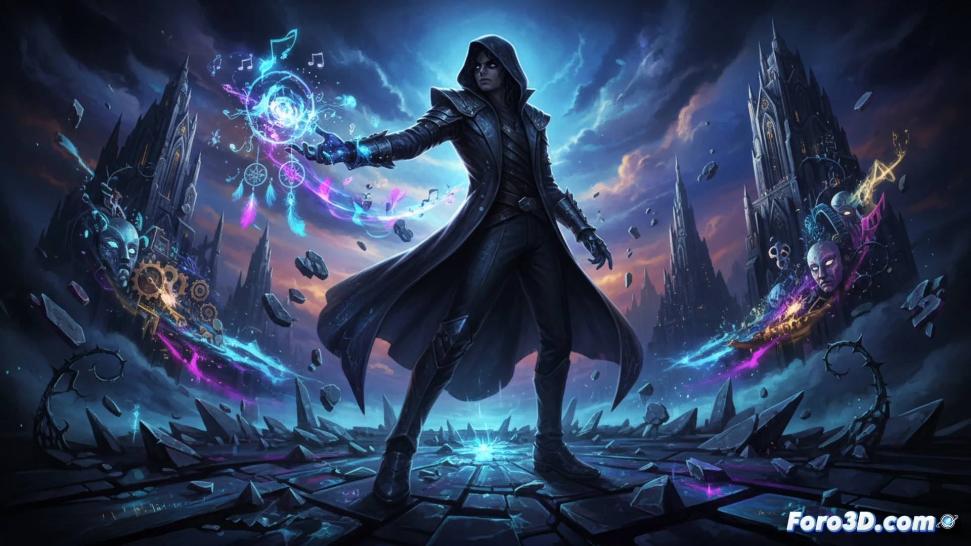 third-person action game development scene, Michael Jackson silhouette performing a moonwalk while surrounded by floating dreamlike musical notes and dark abstract shadows, game engine interface showing unfinished character rigging and particle effects, holographic display of unreleased song waveforms floating above a motion-capture stage, cinematic technical visualization, neon purple and electric blue lighting, glitchy digital artifacts, ghostly translucent code streams cascading down, photorealistic render with dramatic shadows, ultra-detailed game development tools and hardware visible in background