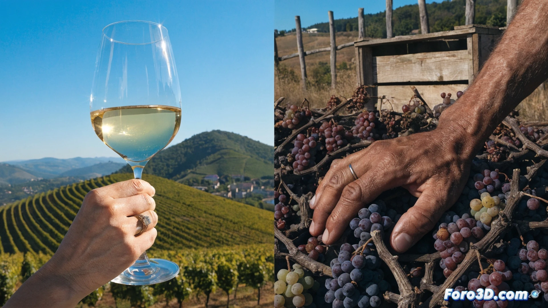 vinedresser inspecting shriveled grape clusters in drought-stricken vineyard, soil cracking underfoot, one hand holding a digital moisture meter showing low levels, the other hand gripping a faded price tag reading bargain wine price, background shows a supermarket shelf with cheap wine bottles while a tractor sits idle covered in dust, photorealistic agricultural crisis scene, harsh midday sun casting long shadows, dry leaves curling on vines, dramatic contrast between barren vineyard and distant consumer shopping scene, ultra-detailed grape textures, cracked earth, cinematic lighting emphasizing economic disparity