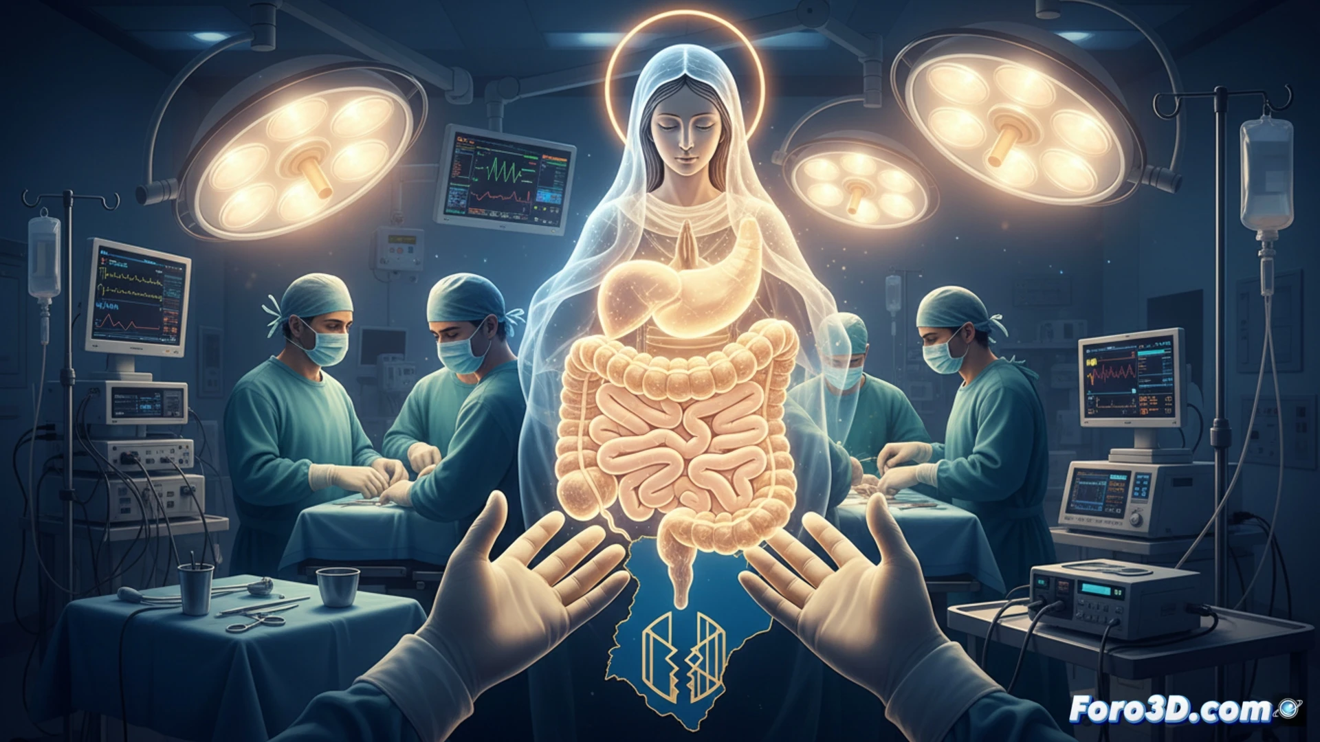 Hospital Quirófano, cirujanos realizando trasplante intestinal sobre paciente, equipo médico monitorizando signos vitales en pantallas, instrumental quirúrgico iluminado, manos enguantadas manipulando intestino donante durante anastomosis, luces LED quirúrgicas, fondo con máquinas de anestesia y monitores cardíacos, estilo fotorealismo cinematográfico, iluminación dramática con alto contraste, texturas de piel y tejidos húmedos, detalles hiperrealistas en instrumentos metálicos y pantallas, encuadre cenital mostrando proceso completo