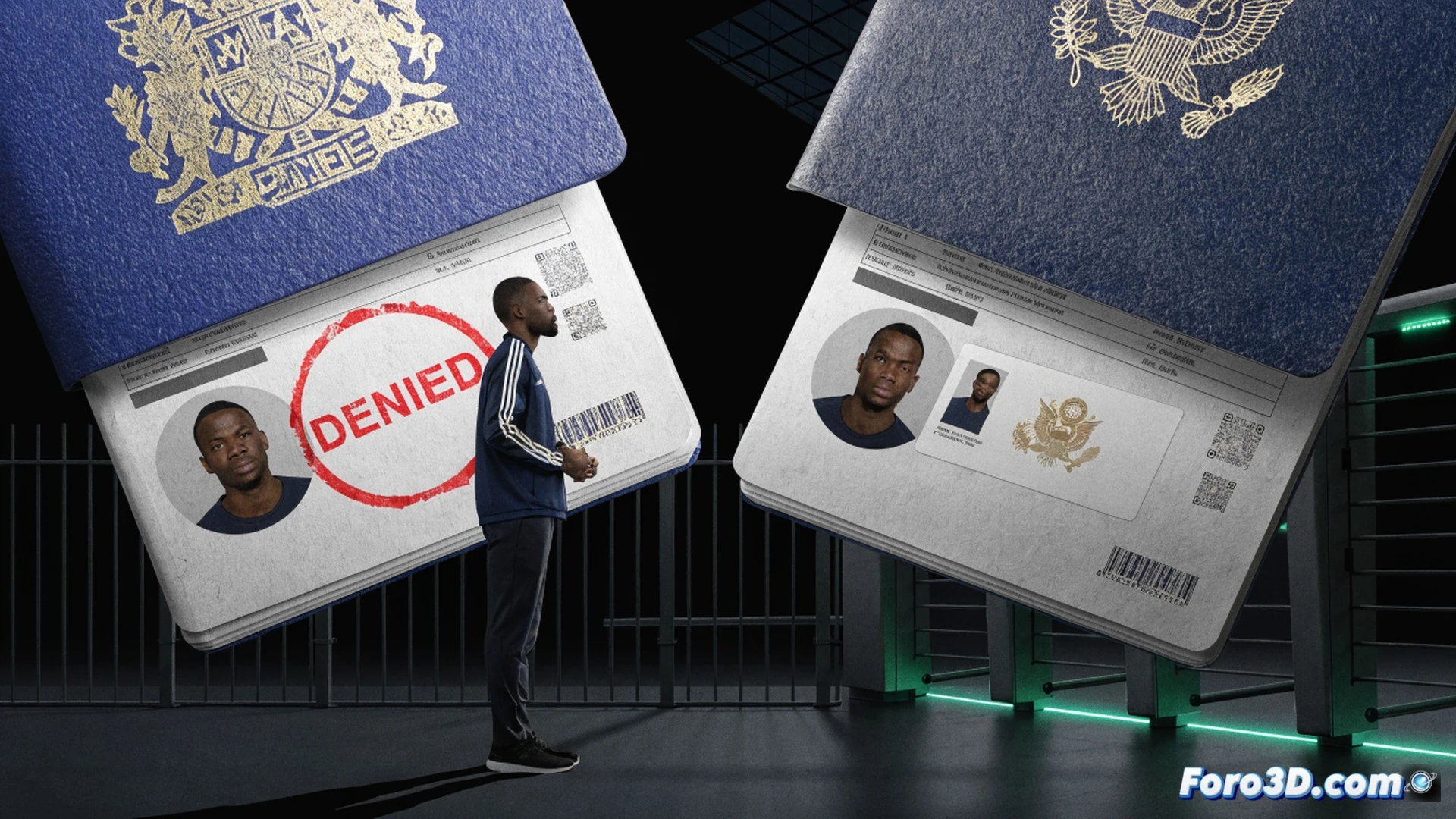 Thomas Partey standing at an airport immigration counter, Canadian border officer holding a rejected visa document with a visible security stamp, passport being slid back across the counter, airport terminal background with departure boards showing cancelled flight to Canada, cinematic photorealistic style, dramatic overhead lighting casting shadows, officer’s hand gesturing refusal, player’s expression of frustration, technical elements include biometric scanner and visa processing terminal on desk, security checkpoint equipment visible, ultra-detailed textures on clothing and documents, realistic airport environment