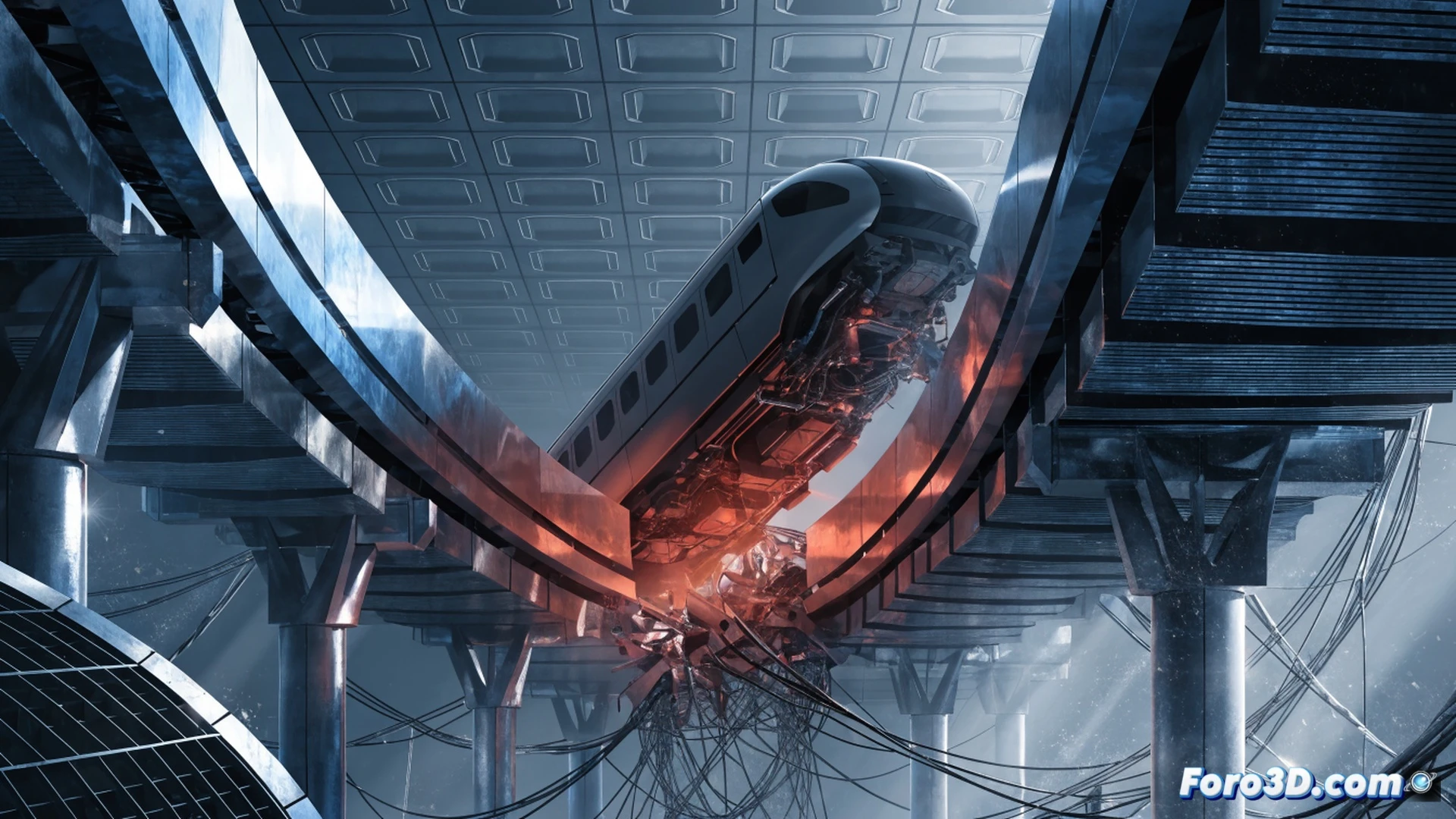 monorail magnetic vehicle tilting during high-speed derailment, elevated track structure with misaligned aerial guideway, sensor data cables snapping under tension, structural collapse simulation showing fractured support beams, glowing red stress points on the vehicle body, sparks flying from magnetic levitation coils contacting the track, dust and debris particles suspended in air, cinematic engineering visualization, photorealistic industrial lighting, ultra-detailed metallic surfaces, dramatic motion blur, technical infrastructure failure scene