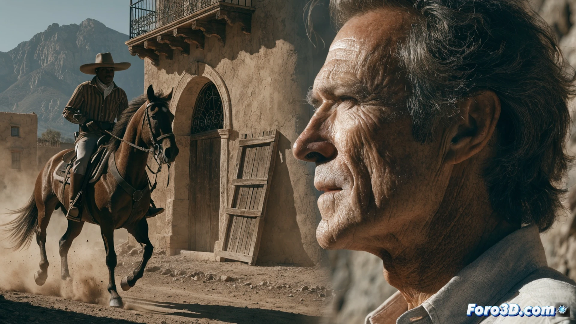 cinematic western landscape at dusk, a vintage film projector casting light onto a dusty saloon wall, the beam revealing overlapping shadows of a cowboy and a jazz saxophonist, both merging into one silhouette, while a blues guitarist sits on a wooden crate nearby, fingers plucking strings, film reels and audio mixing console visible in foreground, technical illustration style, photorealistic, warm amber and deep blue lighting, dust particles floating in projector beam, detailed analog audio equipment, subtle lens flare, cinematic depth of field