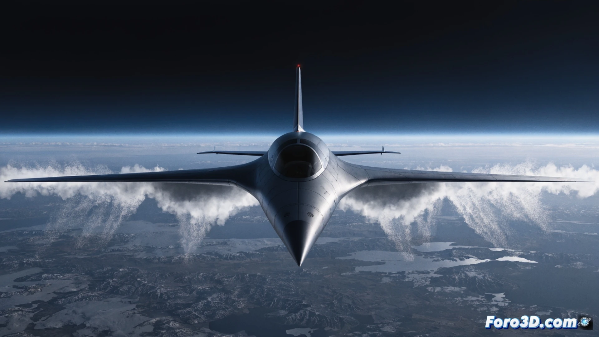NASA X-59 aircraft flying at Mach 1.4 at 16,800 meters altitude, shockwaves transforming into soft ripples across the fuselage, silent supersonic flow visualized with blue and white pressure contours, aerodynamic nose cone and delta wings slicing through clouds, ground-level cityscape far below with no sonic boom disturbance, cinematic engineering visualization, photorealistic atmospheric lighting, detailed metallic surface with heat glow, motion blur on wingtips, ultra-realistic technical render