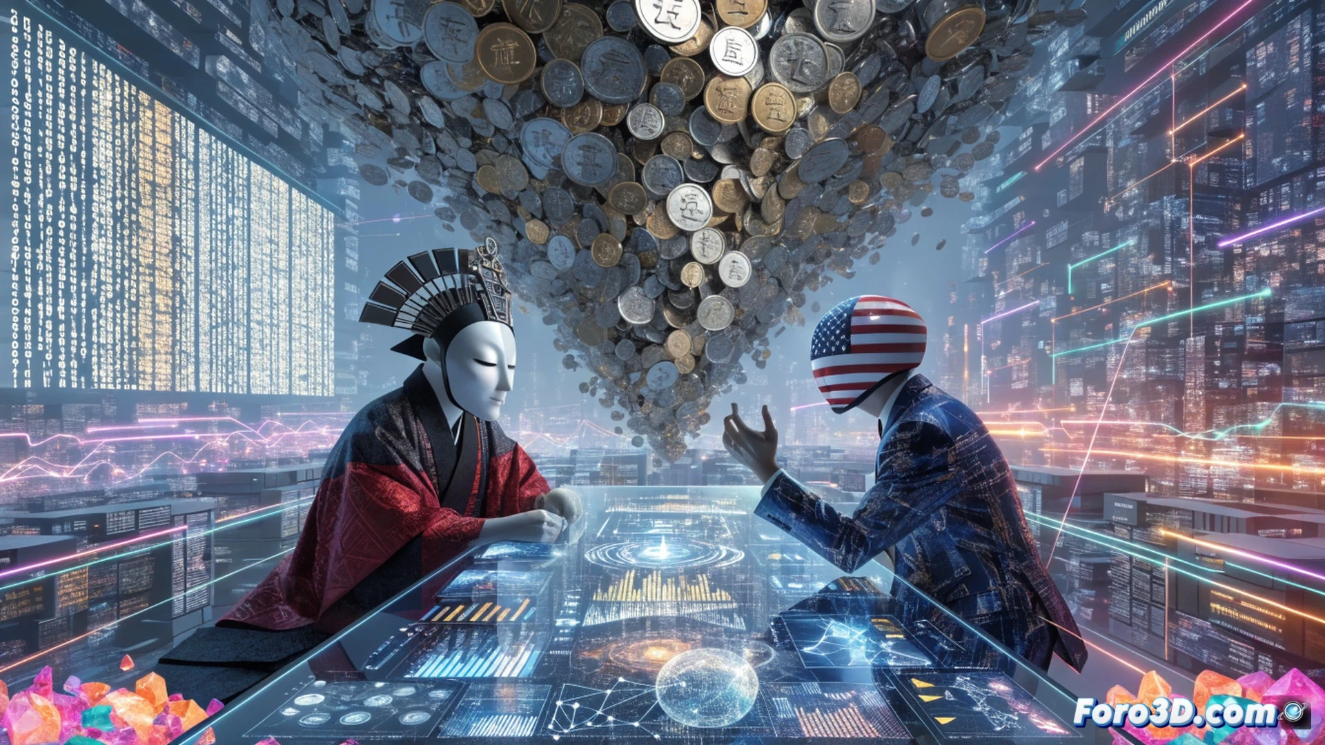 Japanese Finance Minister and US Treasury Secretary in a virtual meeting, multiple screens showing real-time yen exchange rate charts with a steep downward trend, digital intervention tools and trading platforms displayed on monitors, a Japanese yen banknote with a digital chain breaking apart, while a glowing stabilization shield forms over Japan map, cinematic photorealistic engineering visualization, dark blue and gold lighting, holographic financial data streams, ultra-detailed technical equipment, dramatic tension between two leaders during the negotiation process