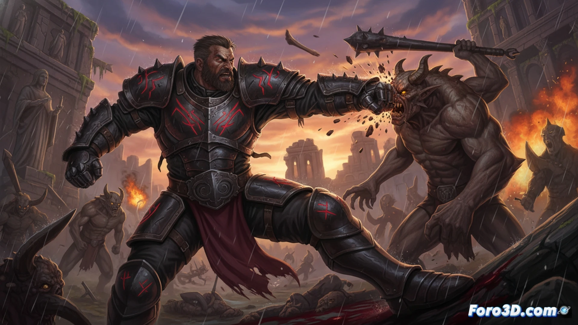 first-person melee combat scene in Elderborn Vengeance, player character executing a brutal counterattack with a hooked blade against a monstrous enemy, sparks flying from metal collision, blood splatter on stone floor, dark dungeon environment with torches casting dramatic shadows, motion blur on fast sword swing, particle effects from impact, UI elements like health bar and stamina gauge visible at screen edges, cinematic photorealistic style, hyper-detailed armor textures, visceral action frozen mid-strike, intense lighting from above, realistic gore and debris, technical game render showcasing combat mechanics