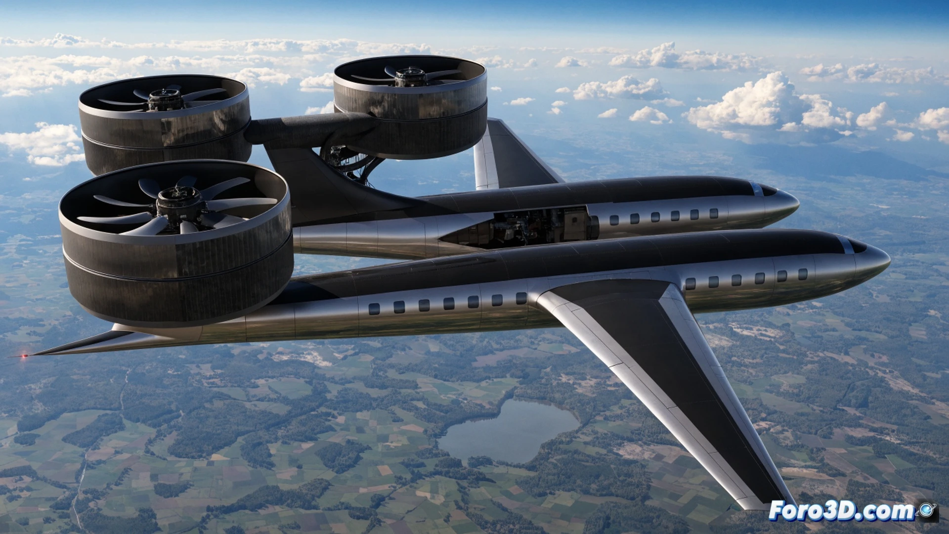 Electric hybrid aircraft with dual-fuselage design and three electric tail-mounted motors during test flight over a modern airport runway, engineers monitoring aerodynamic data on tablets inside a glass-walled control tower in the background, propellers spinning with visible motion blur, wing flaps adjusting mid-maneuver, metallic fuselage reflecting sunset light, clean energy concept, cinematic engineering visualization, photorealistic technical render, dramatic industrial lighting, ultra-detailed mechanical components
