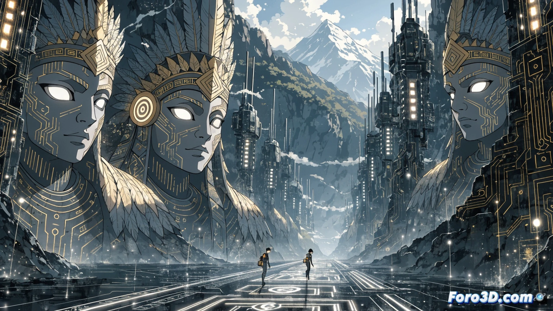 Cinematic illustration of two young siblings climbing a glowing high-tech mountain, ancient Incan deity hologram projected above them, massive floating circuit-board temples with golden geometric patterns, futuristic mining drones extracting energy crystals from stone, neon blue and orange lights illuminating traditional Andean textiles, action scene showing brother pulling sister up a steep metallic stairway while robotic condors fly overhead, cyberpunk-meets-incan aesthetic, ultra-detailed mechanical ruins blending stone and fiber optics, volumetric fog, dramatic sunset sky with digital constellations, photorealistic technical render, 8k resolution, epic scale