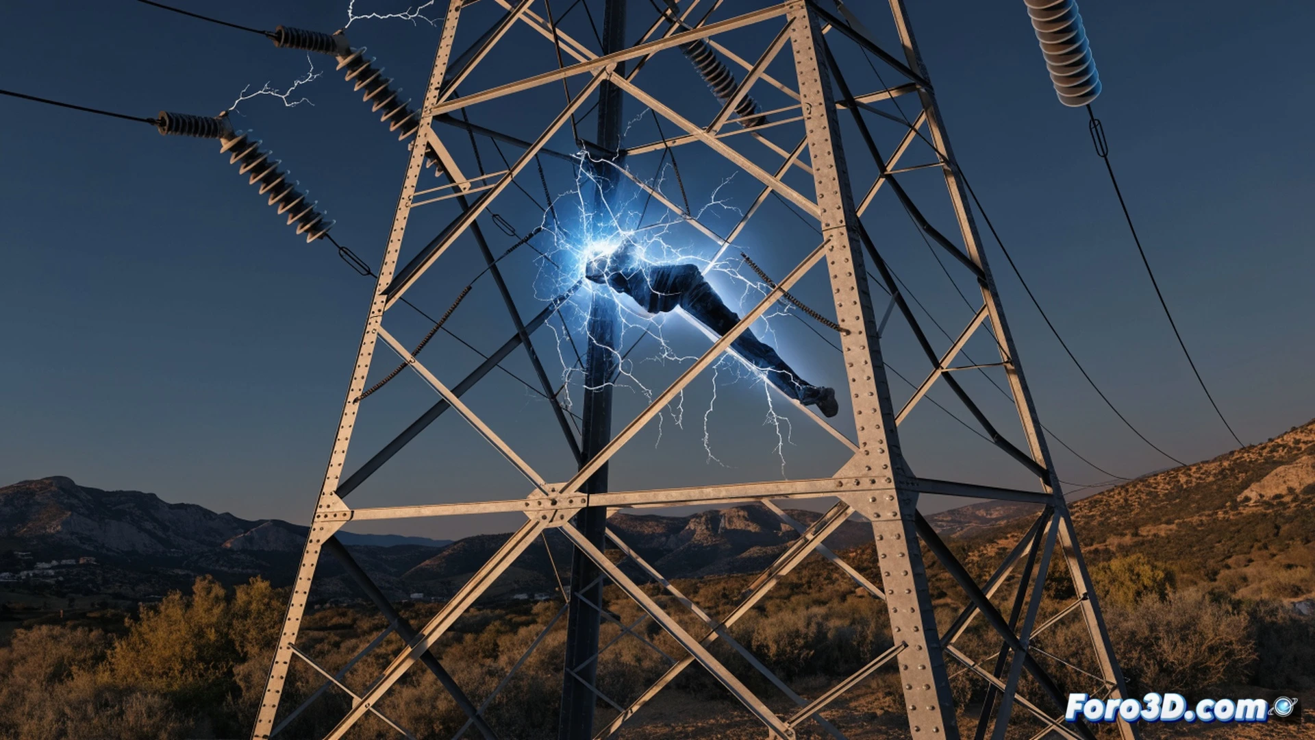 torre de alta tensión metálica al amanecer en campo árido, cuerpo de un técnico cayendo hacia atrás con un cable suelto en la mano, arco eléctrico azul brillante entre el conductor y el casco de seguridad, bomberos subiendo por la estructura con arneses y cuerdas de rescate, luces estroboscópicas de emergencia parpadeando en la base, herramientas de aislamiento y pértigas dieléctricas en el suelo, estilo cinematográfico foto realista, iluminación dramática con contraste entre el cielo naranja y destellos eléctricos, texturas de óxido y aislantes cerámicos visibles, composición vertical que enfatiza la altura y el peligro, rendering técnico hiperdetallado