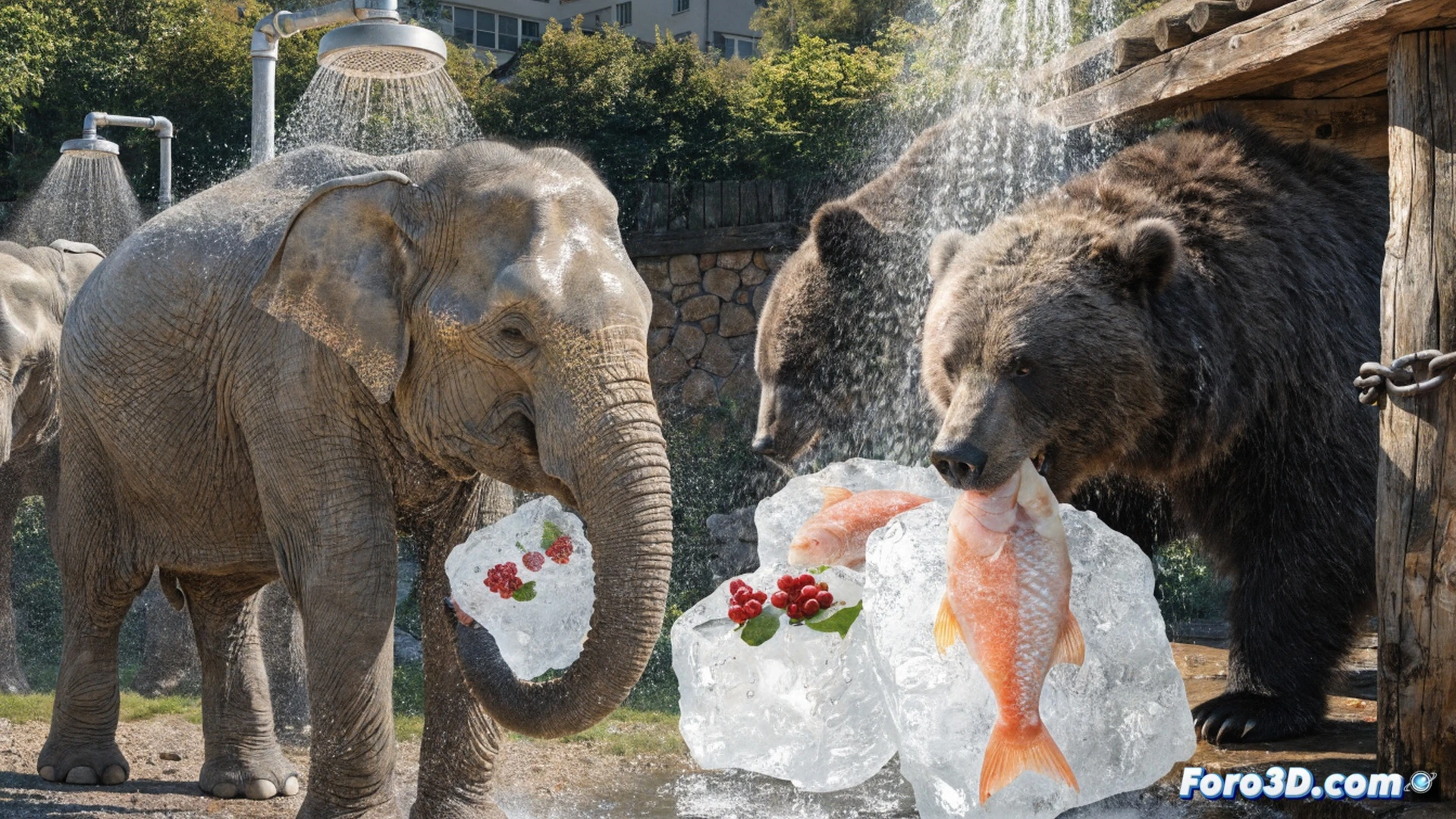 A zoo enclosure scene, an elephant spraying water from a high-pressure hose onto its back, water droplets frozen mid-air, a zookeeper nearby holding a transparent bucket filled with a giant ice block containing visible fish and fruit chunks, a polar bear in another enclosure licking a similar frozen treat, concrete pool with splashing water, bright summer sunlight, heat haze rising from ground, ultra-detailed animal fur texture, water refraction effects, technical wildlife documentation style, photorealistic cinematic render