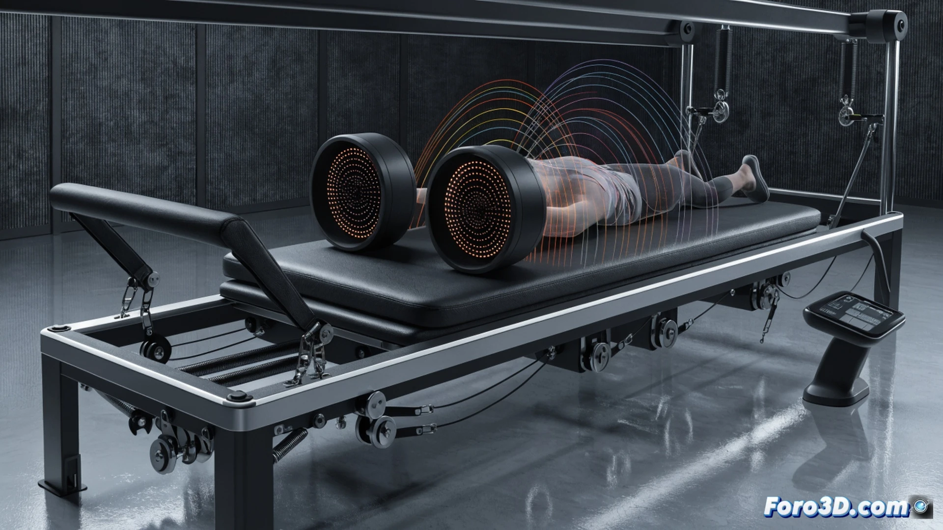 photorealistic technical render of a sleek Pilates reformer machine with dual 3D scanners mounted on adjustable arms, scanning a person’s spine and hips during a leg press exercise, real-time posture correction lines and joint angle overlays projected as holographic wireframes above the machine, AI analysis interface visible as floating translucent panels showing muscle activation heatmaps, cinematic lighting with soft blue and white highlights, motion blur on moving carriage, glossy metallic frame, carbon fiber accents, dynamic action scene demonstrating safe alignment correction mid-movement, ultra-detailed mechanical components, engineering visualization style