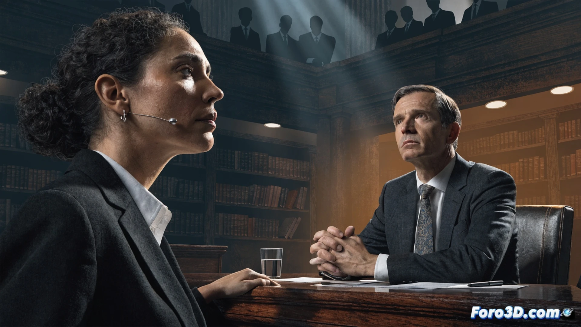 Photorealistic cinematic scene of a courtroom witness stand, a woman in a tailored blazer placing a USB drive on the judge's bench, a digital scale of justice glowing with blue holographic data streams, a law book open showing fingerprint and document icons, a gavel mid-strike with motion blur, technical visualization of evidence verification process, dramatic shadows from venetian blinds, polished wood surfaces reflecting soft amber light, ultra-detailed legal environment, high-contrast chiaroscuro lighting, realistic textures of leather and metal, forensic analysis tools visible on a side table.