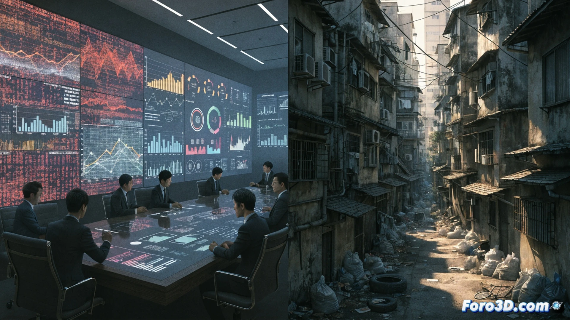 Japanese bureaucratic elite in a secure underground data center, rows of black server racks with glowing red status LEDs, a single suited official holding a tablet displaying encrypted economic graphs while a glass wall separates him from a blurred crowd of citizens outside, security cameras monitoring every angle, no visible data screens for the public, cold blue and amber lighting, dust particles in the air, photorealistic cinematic render, wide-angle lens, shallow depth of field, high contrast shadows, technical surveillance atmosphere, ultra-detailed hardware cables and cooling vents, motionless tension during the silent exclusion process