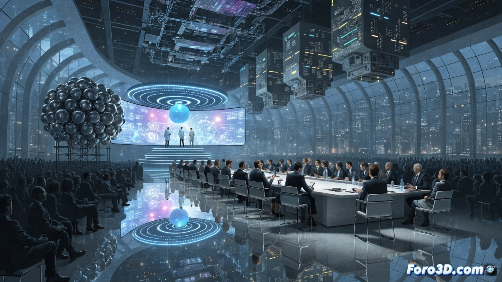 photorealistic wide shot of a futuristic conference hall, elite attendees in suits gathered around a glowing holographic quantum computer and AI neural network display, while behind them a massive glass wall reveals a city skyline with factories and offices showing empty workstations, robotic arms replacing human workers on assembly lines, a single worker in the foreground being handed a termination letter with no retraining program visible, dramatic contrast between bright digital screens and dim industrial background, cinematic lighting with cold blue tones and warm amber shadows, ultra-detailed architectural surfaces and reflective floors, technical illustration style