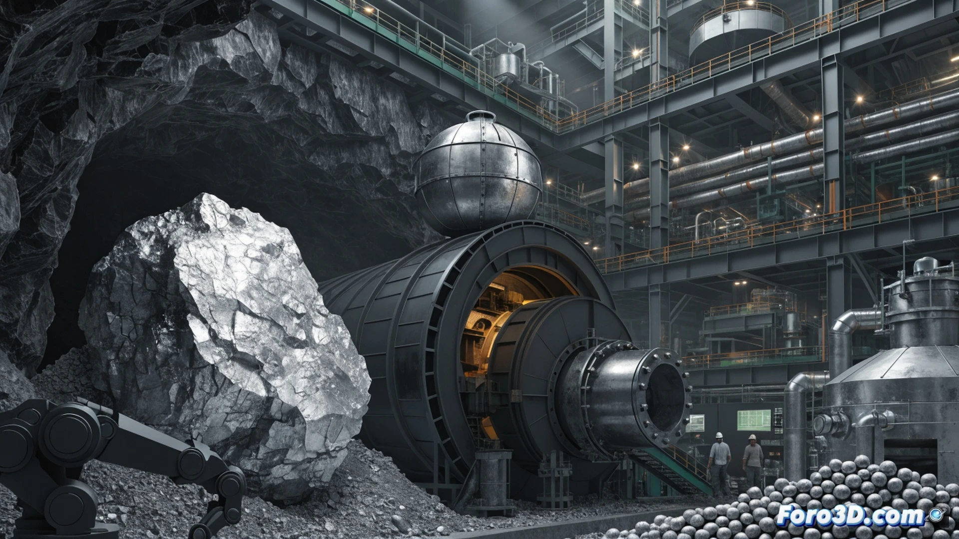 molibdeno being extracted from raw ore in an open-pit mine, heavy drilling machinery operating on layered rock formations, conveyor belts transporting crushed material to processing facility, American flag visible on industrial equipment, workers in protective gear monitoring extraction process, cinematic engineering visualization, dust particles suspended in air, golden hour sunlight illuminating metallic machinery, photorealistic industrial landscape, dynamic action showing mining process, wide-angle perspective emphasizing scale, technical illustration style with realistic textures