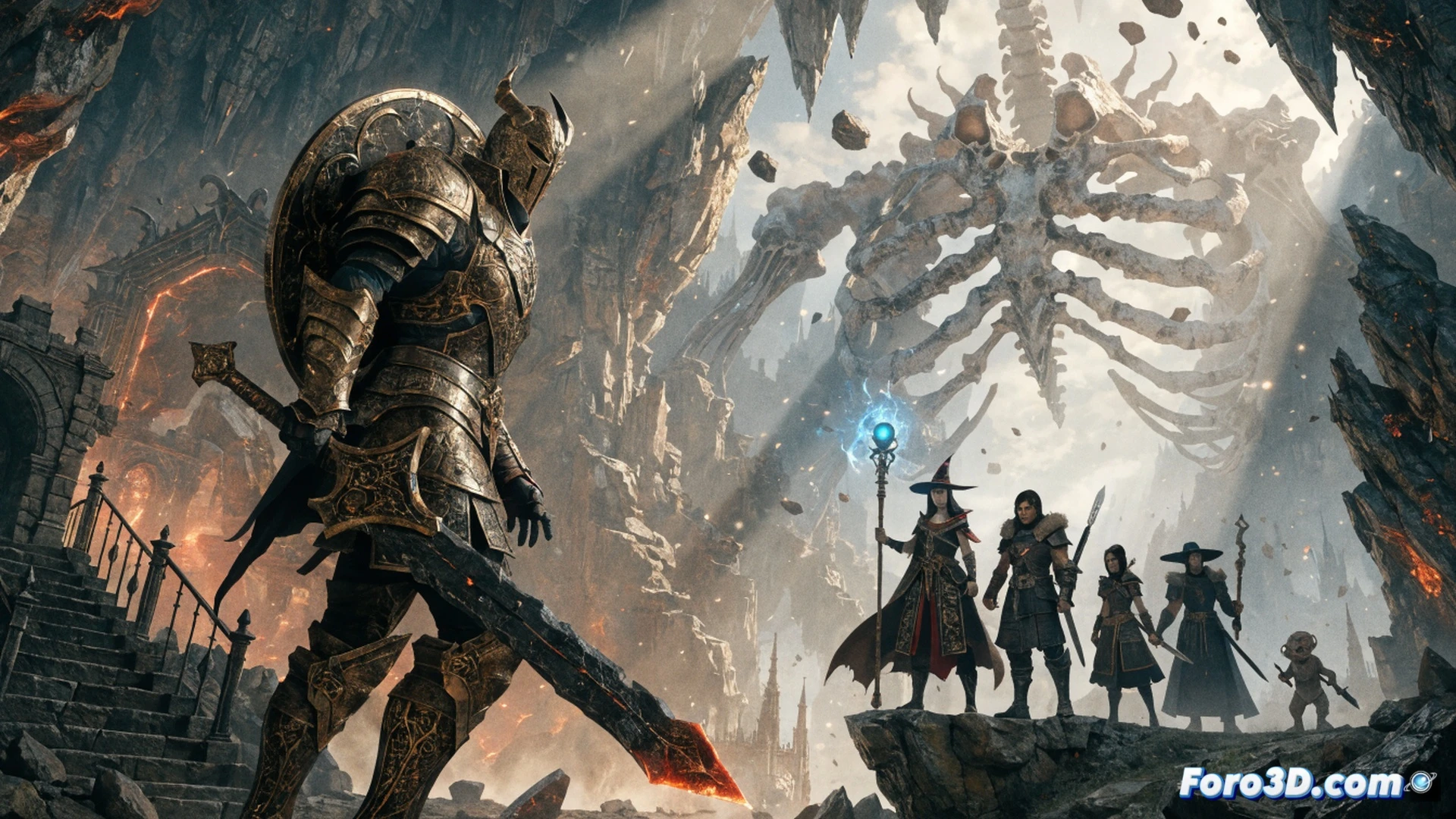 dark fantasy RPG crossover scene, a lone knight wielding a greatsword charged with golden ember energy battles a massive corrupted tree creature in a misty forest ruin, UI elements floating in air showing class selection wheel with six unique icons and a quest log interface, glowing loot drops on ground with no premium currency symbols, Steam demo banner visible as floating hologram in background, cinematic photorealistic rendering, dramatic dynamic lighting from spell impacts, particle effects of dark souls style combat sparks mixed with baldur gate dice roll glow, ultra-detailed armor textures with elden ring aesthetic, motion blur on weapon swing, volumetric fog between ancient stone pillars, 4K technical illustration quality