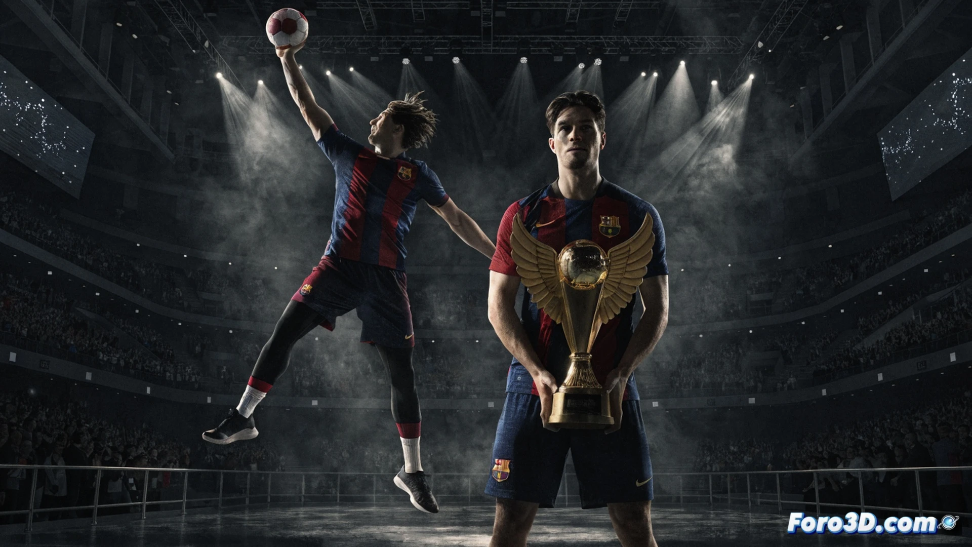 emil nielsen diving to save a fast throw in a handball goal, sweat flying off his face, intense focus in his eyes, makuc leaping mid-air to score a spinning shot past a defender, crowd cheering blurred in the background, colosseum-style arena in cologne, bright spotlights on court, blue and red team uniforms, motion blur on ball trajectory, dramatic shadows, ultra-detailed sweat drops and fabric textures, photorealistic sports photography with cinematic lighting