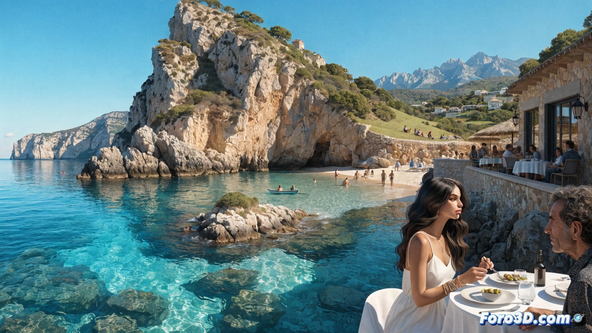 Emily Ratajkowski caminando por un muelle de piedra en una cala de Deià al atardecer, sosteniendo un smartphone con una funda de lujo mientras captura una foto de un velero blanco atracado, el mar Mediterráneo turquesa de fondo, una mesa de restaurante con copas de vino tinto y un plato de mariscos en primer plano, luces cálidas de faroles colgantes, estilo cinematográfico photorealistic, texturas de roca caliza y madera desgastada, brisa marina moviendo su cabello, ambiente nostálgico y exclusivo, iluminación dorada de hora mágica, detalles de joyería minimalista, sin texto visible.