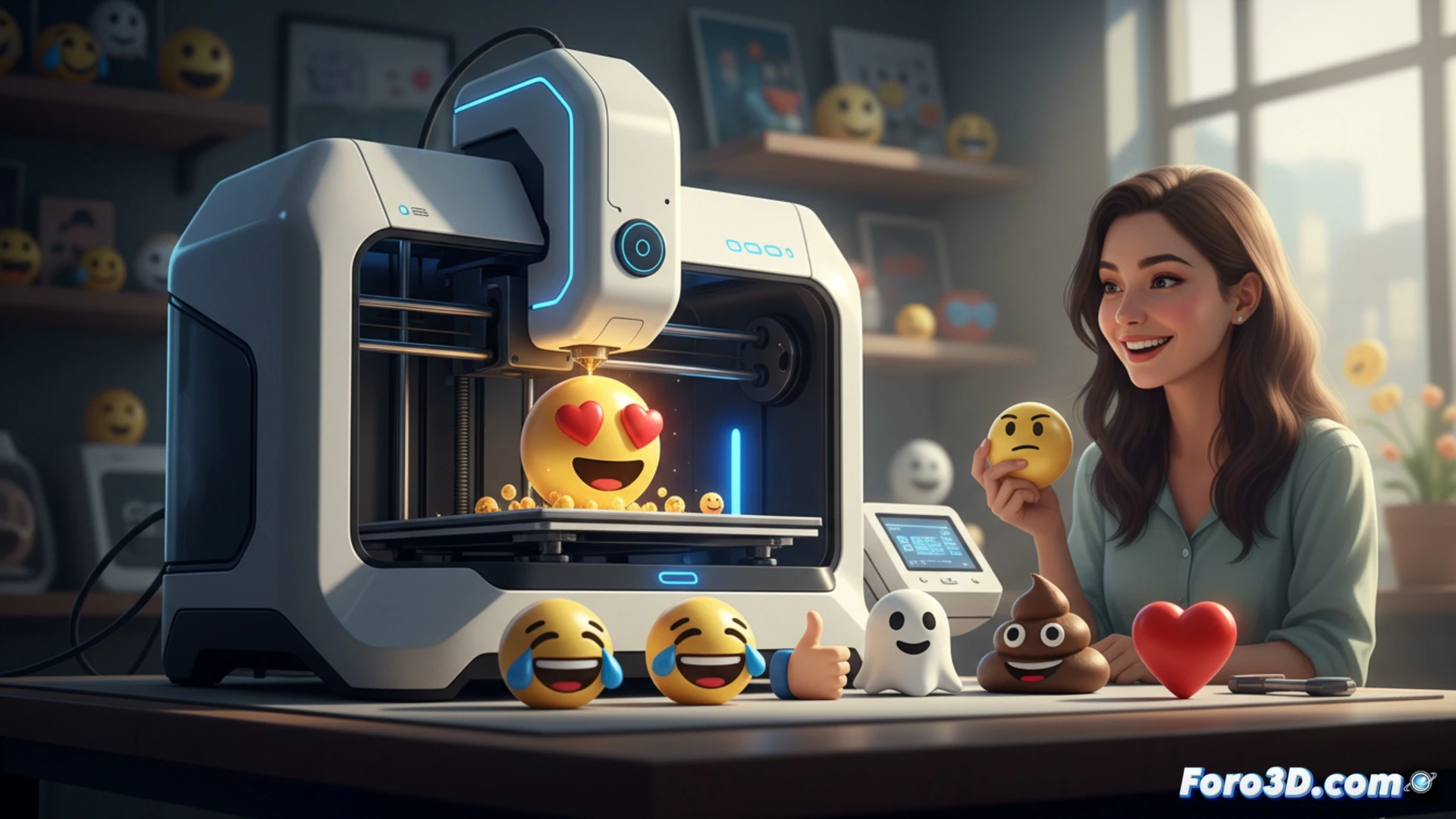 Photorealistic technical illustration of a 3D printer mid-process printing a smiling emoji face onto a small white cube, printer nozzle extruding yellow filament over the face surface, glowing UI screen showing emoji selection menu with various expressions, mechanical arms moving precisely during printing, soft warm studio lighting casting subtle shadows on a clean wooden desk, macro lens focus on the nozzle and emerging emoji, cinematic composition highlighting the digital-to-physical transformation, ultra-detailed machine components with visible layer lines and cooling fan, futuristic yet cozy atmosphere.
