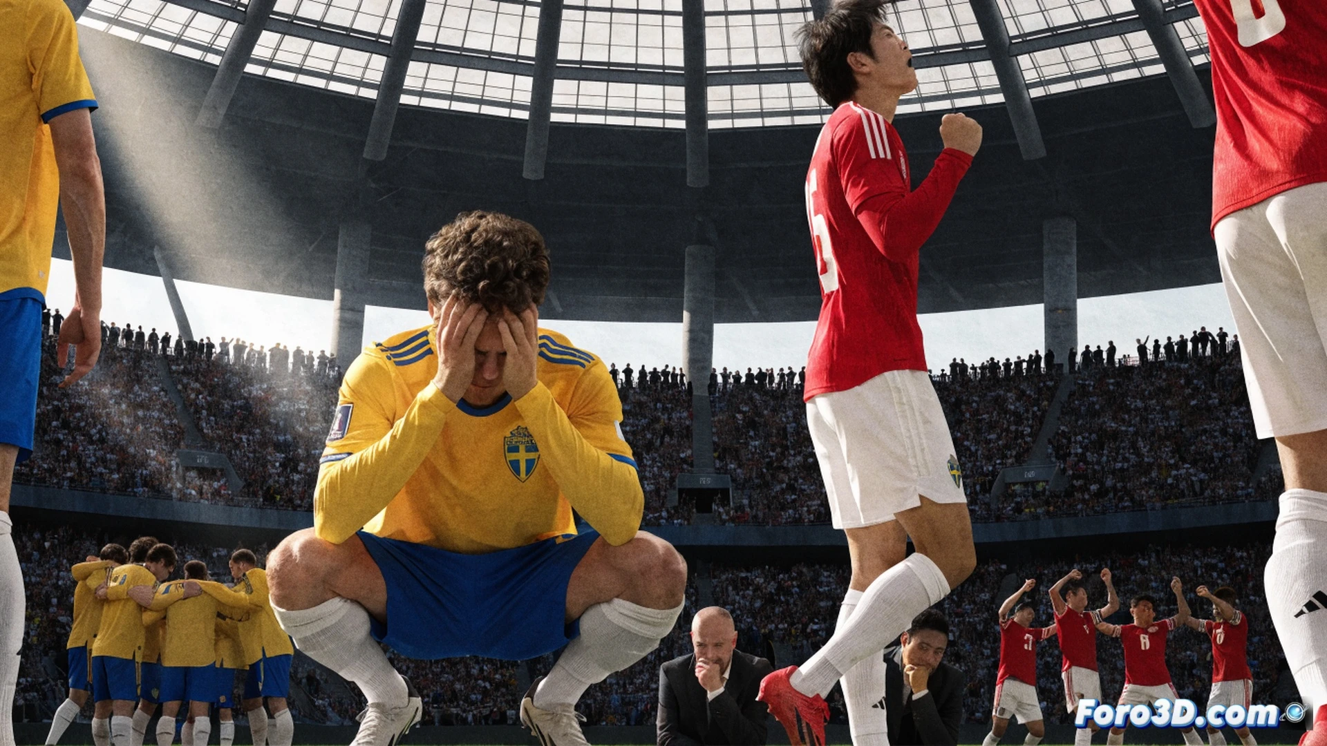 soccer field tactical diagram overlay, Sweden in blue jerseys collapsing in despair while Japan in white celebrates near the corner flag, digital scoreboard showing 1-1 in the background, technical illustration style, glowing red elimination zone highlighted around Sweden s position in the group table graphic, translucent data panels displaying goal difference calculations, dramatic stadium floodlights casting long shadows, photorealistic sports visualization, motion blur on a deflected ball trajectory, ultra-detailed turf texture and player expressions