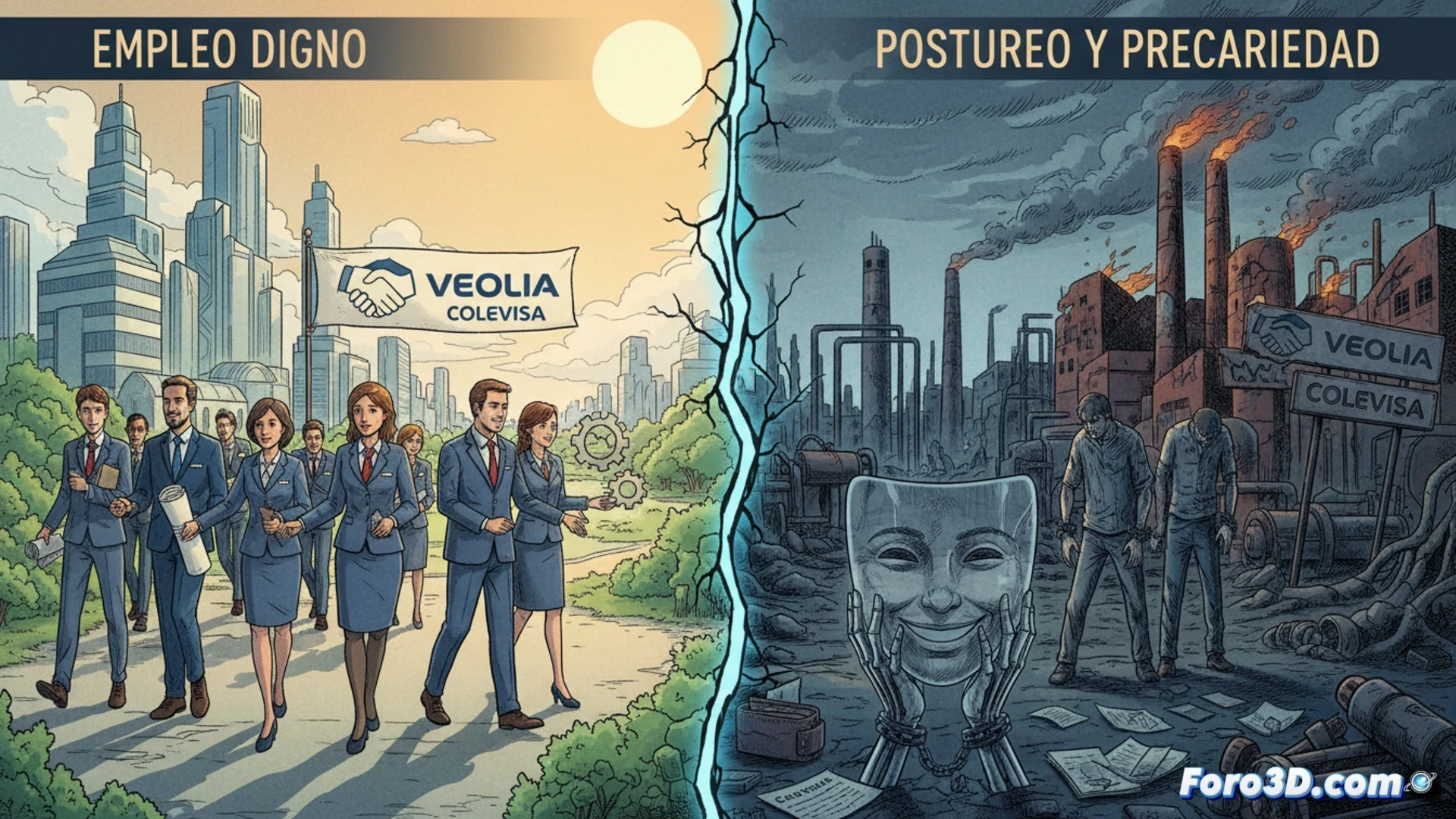 Photorealistic technical illustration showing a split scene: left side a corporate boardroom with empty chairs around a polished table, a lone Veolia-branded tablet displaying a job fair logo, dust gathering on the surface; right side a factory floor where workers in Colevisa uniforms operate conveyor belts under flickering fluorescent lights, one worker holding a temporary contract paper while another scans a barcode on a cardboard box labeled externalizado, a broken time clock on the wall, tools scattered on a greasy workbench, cinematic lighting with cold blue tones on the left and harsh yellow on the right, ultra-detailed textures of worn safety gloves, rusted metal, and cracked plastic, dramatic contrast highlighting the gap between rhetoric and reality