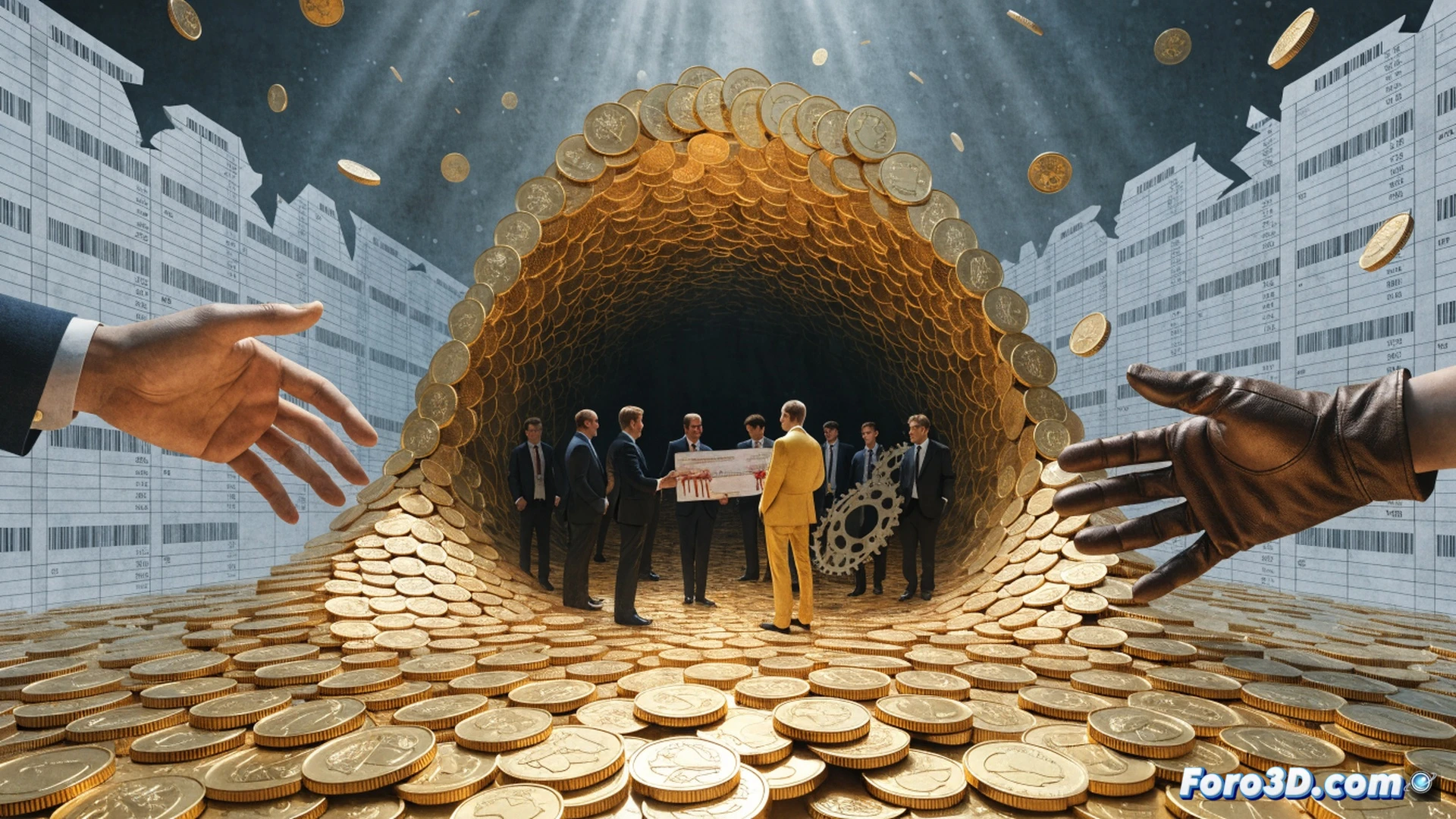 Corporate office interior scene, executives in suits shaking hands over a donation check while a holographic tax evasion software interface glows behind them, financial data streams showing minimized tax payments, a charity donation box on the table with a tiny heart sticker, contrasting with a large cracked piggy bank labeled public services, dramatic cinematic lighting, photorealistic technical illustration, polished marble floor reflecting the tension, blurred city skyline through glass windows, ultra-detailed business attire and digital screens, moody blue and gold color palette, high-end corporate aesthetic