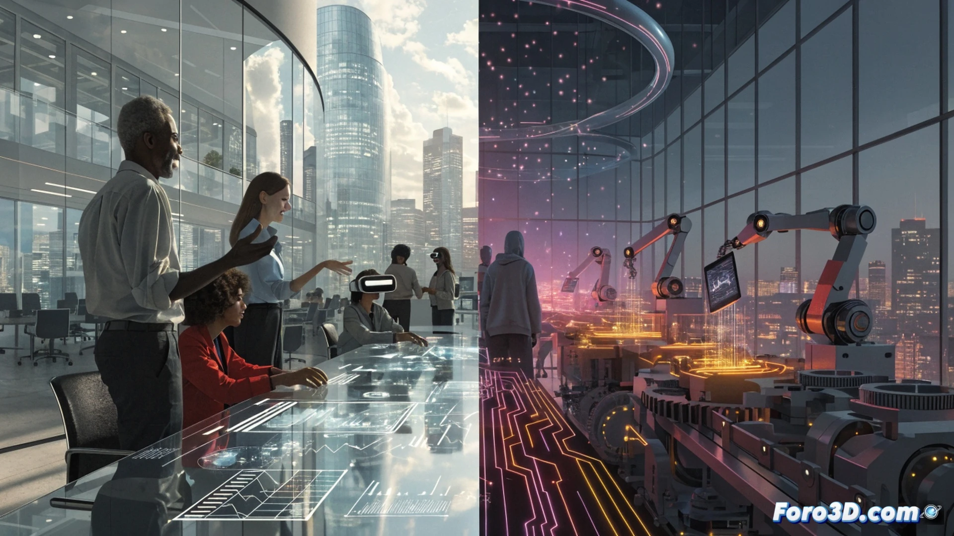 Modern London office scene, diverse employees working at dual-screen workstations, one screen showing a complex AI data dashboard with glowing neural network nodes, the other displaying an automated workflow pipeline, a manager pointing at a chart while ignoring a training portal icon on the desktop, robotic arms in the background stacking boxes labeled automation, empty chairs suggesting planned layoffs, cinematic photorealistic style, harsh overhead fluorescent lighting casting long shadows, tension visible in body language, ultra-detailed office environment with exposed ceiling ducts and server racks, technical illustration with industrial atmosphere