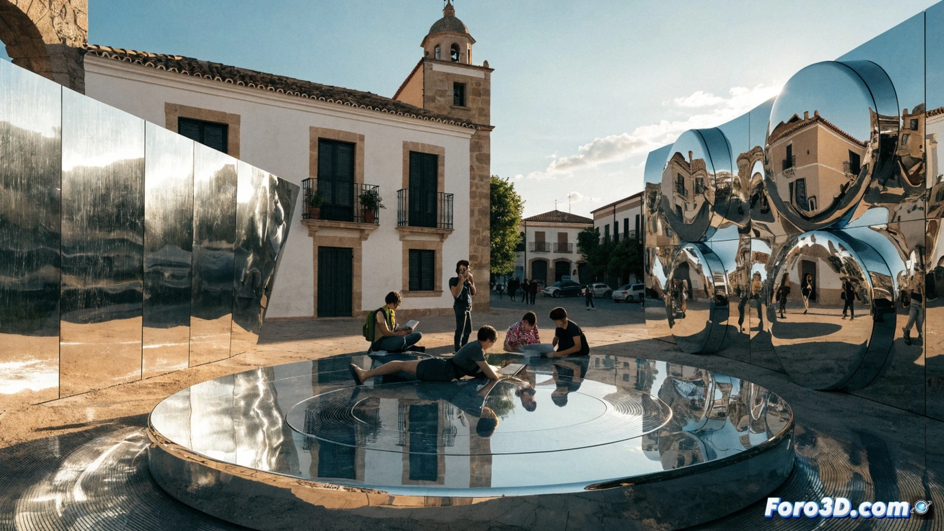 Ayuntamiento local, orientador social sosteniendo tableta digital con iconos de vivienda y empleo, joven y familia observando juntos el dispositivo, fondo de calle con edificios y zona de juegos, folletos informativos sobre mesa cercana, luz natural suave de atardecer, estilo foto realista cinematográfico, acción de consejería y apoyo directo, colores cálidos y acogedores, composición centrada en la interacción humana y los recursos prácticos.