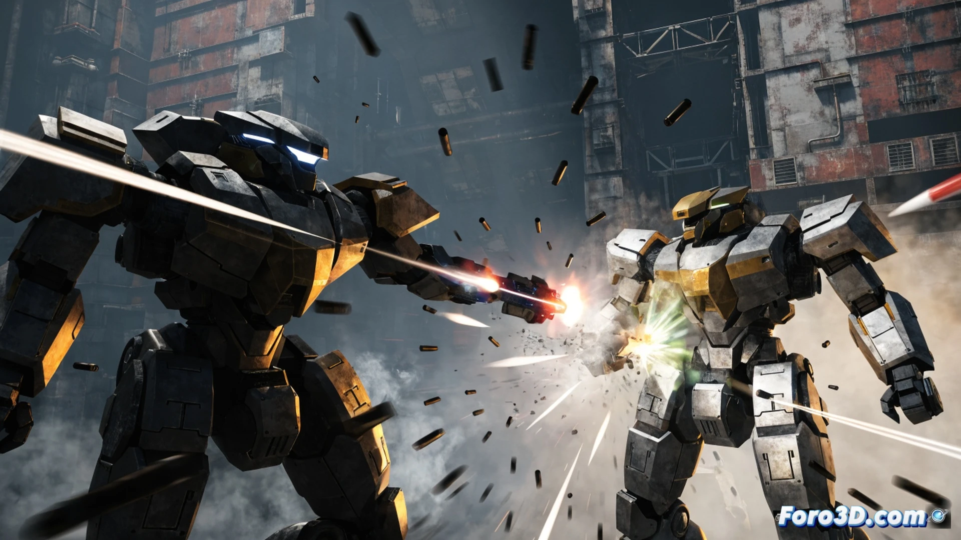Mecha robot pilot cockpit view during intense combat, twin particle beam trails crossing mid-air, massive explosion debris cloud from destroyed enemy mech, Unreal Engine 5 Niagara particle system glowing sparks and smoke trails, motion blur streaks calibrated on fast-moving mech arm, high-refresh-rate screen display showing crisp targeting reticle, cinematic technical illustration style, metallic battle-scarred armor, dynamic volumetric lighting, photorealistic engineering visualization, hyper-detailed mechanical joints and hydraulic pistons
