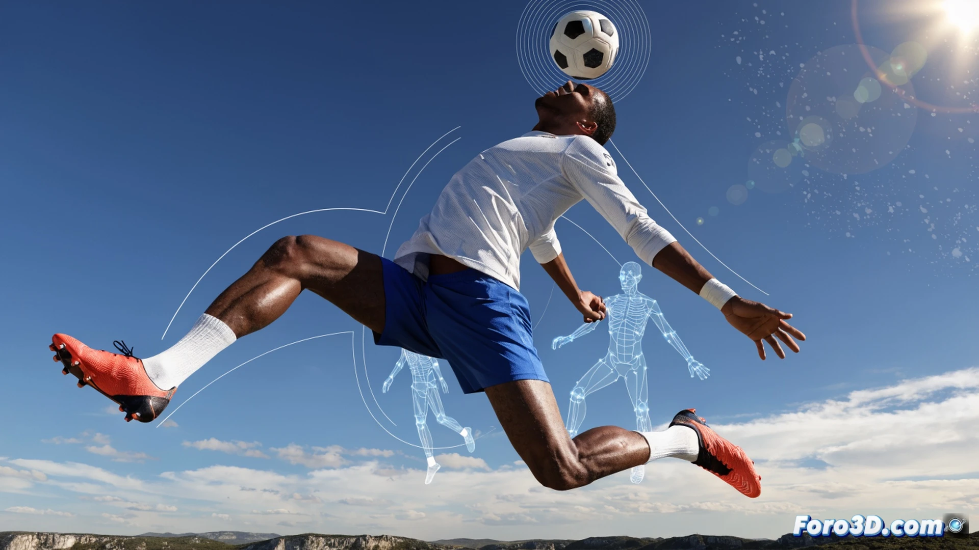 Youssef En-Nesyri saltando en el área penal, cuerpo inclinado hacia atrás, pierna derecha extendida para rematar, músculos del cuádriceps y abdominales tensos durante el impulso vertical, líneas biomecánicas de fuerza recorriendo desde el tobillo hasta la cadera, balón impactando en la frente con deformación visible, defensores rivales saltando detrás pero claramente superados en altura, estadio iluminado con focos cenitales, estilo cinematográfico de ilustración técnica deportiva, fondo con malla de análisis de trayectoria y ángulos articulares, photorealistic render con alto contraste y sombras marcadas