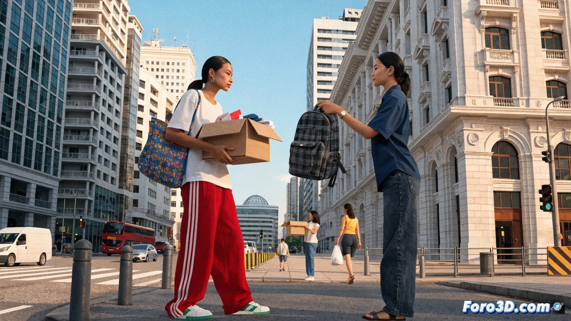 singapore housing block background, person handing a working blender to a neighbor, both smiling, cardboard box filled with folded clothes and small appliances on the floor, GoodHood app interface visible on a smartphone screen held by the receiver, clean minimalist apartment interior, bright natural daylight, warm community atmosphere, photorealistic lifestyle photography, soft shadows, shallow depth of field, generous exchange gesture, modern urban sharing scene, sustainable living action
