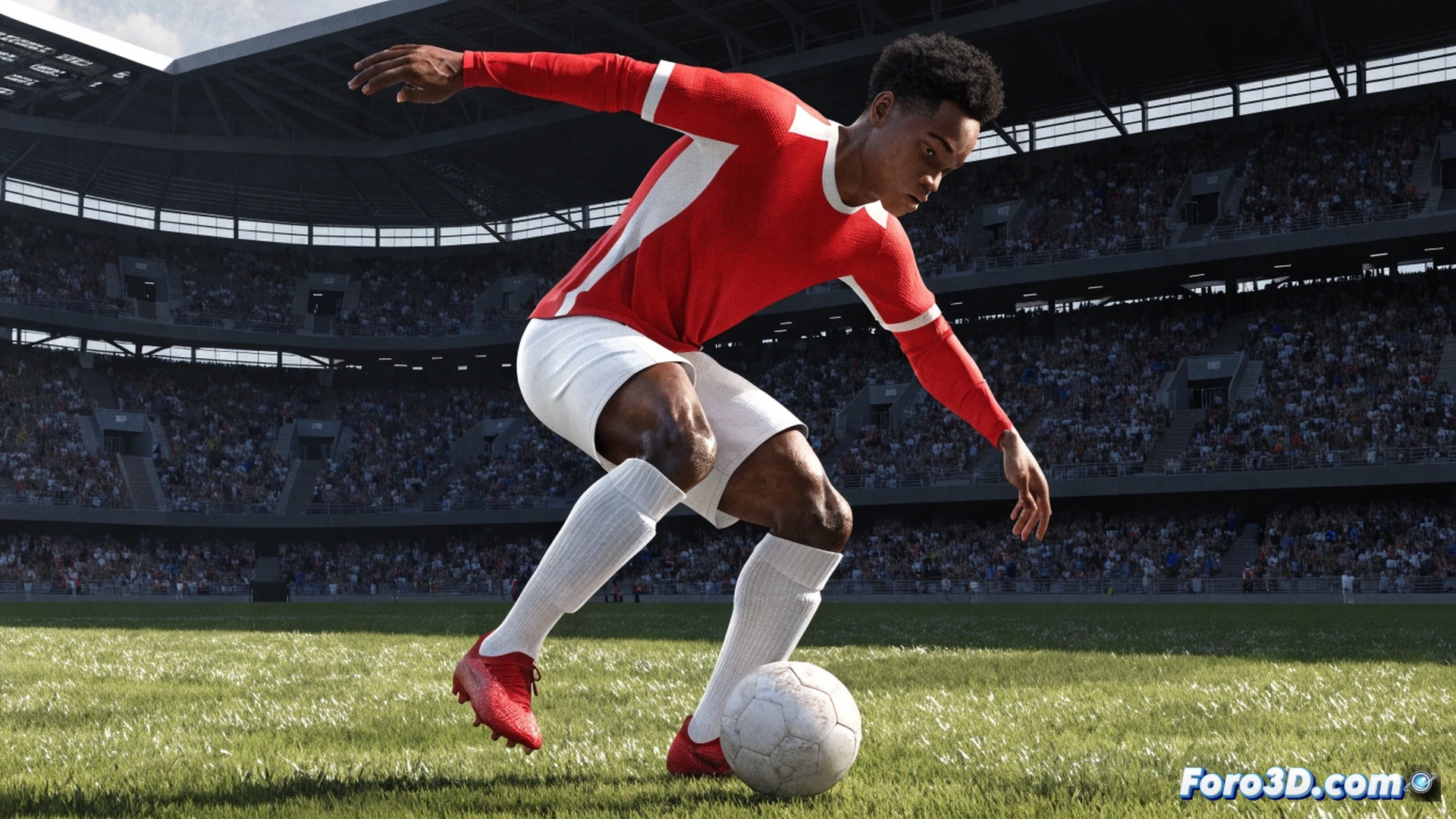 Brazilian striker Endrick in low center of gravity pivot action, left foot planted while spinning sharply in tight space, 3D motion capture skeleton overlay showing torque and hip rotation, red biomechanical lines tracing power generation from ground through core, blue vector arrows indicating sudden direction change, photorealistic technical visualization, stadium floodlights casting dramatic shadows, grass blades displaced under cleats, sweat droplets frozen in mid-air, cinematic sports science render, ultra-detailed muscle definition visible through jersey, real-time performance analysis aesthetic