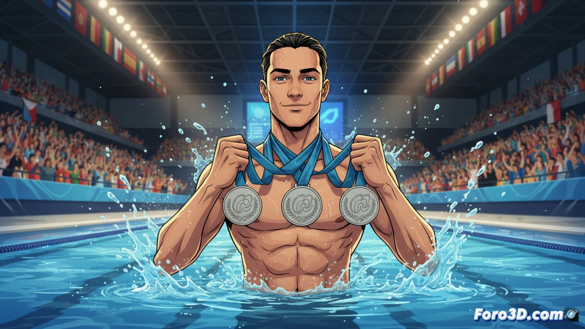 young male swimmer mid-air performing artistic swimming acrobatic lift, water splashing in dramatic arc around his body, pool surface reflecting competition lights, three silver medals floating on rippling water surface in foreground, underwater view showing synchronized team formation below, cinematic sports photography style, high-speed action frozen moment, aquatic venue architecture visible in background, realistic water droplet dynamics, dramatic spotlight illumination, photorealistic technical sports visualization