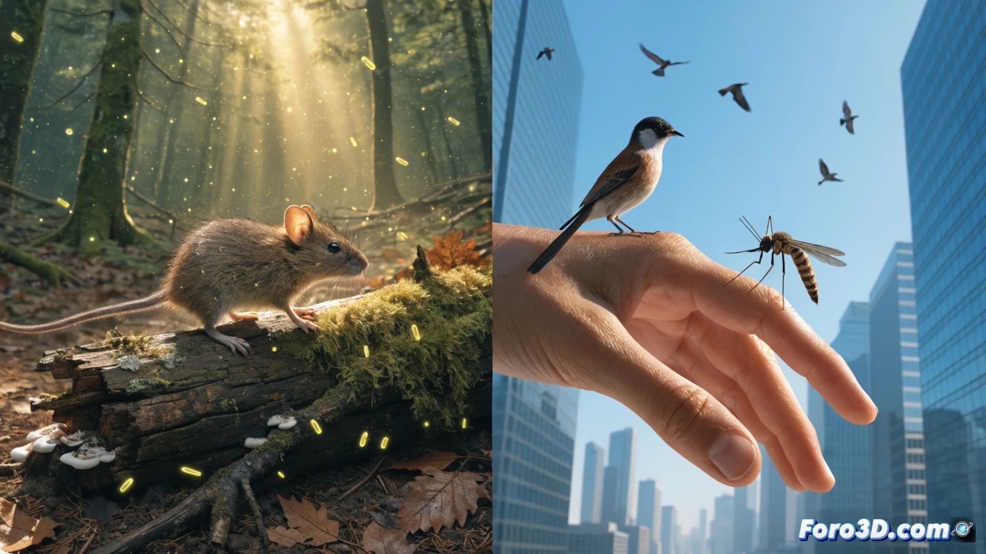 photorealistic scene of a deforested jungle edge at dusk, bulldozer clearing tree stumps while a swarm of mosquitoes rises from exposed mud puddles, a dead bird lies near a suburban backyard fence, heat haze distorting distant city skyline, glowing viral particle symbols floating from animal to human silhouette, technical illustration style, cinematic lighting with amber sunset and dark green shadows, ultra-detailed texture of cracked earth and wet mosquito wings, dramatic environmental health warning visualization