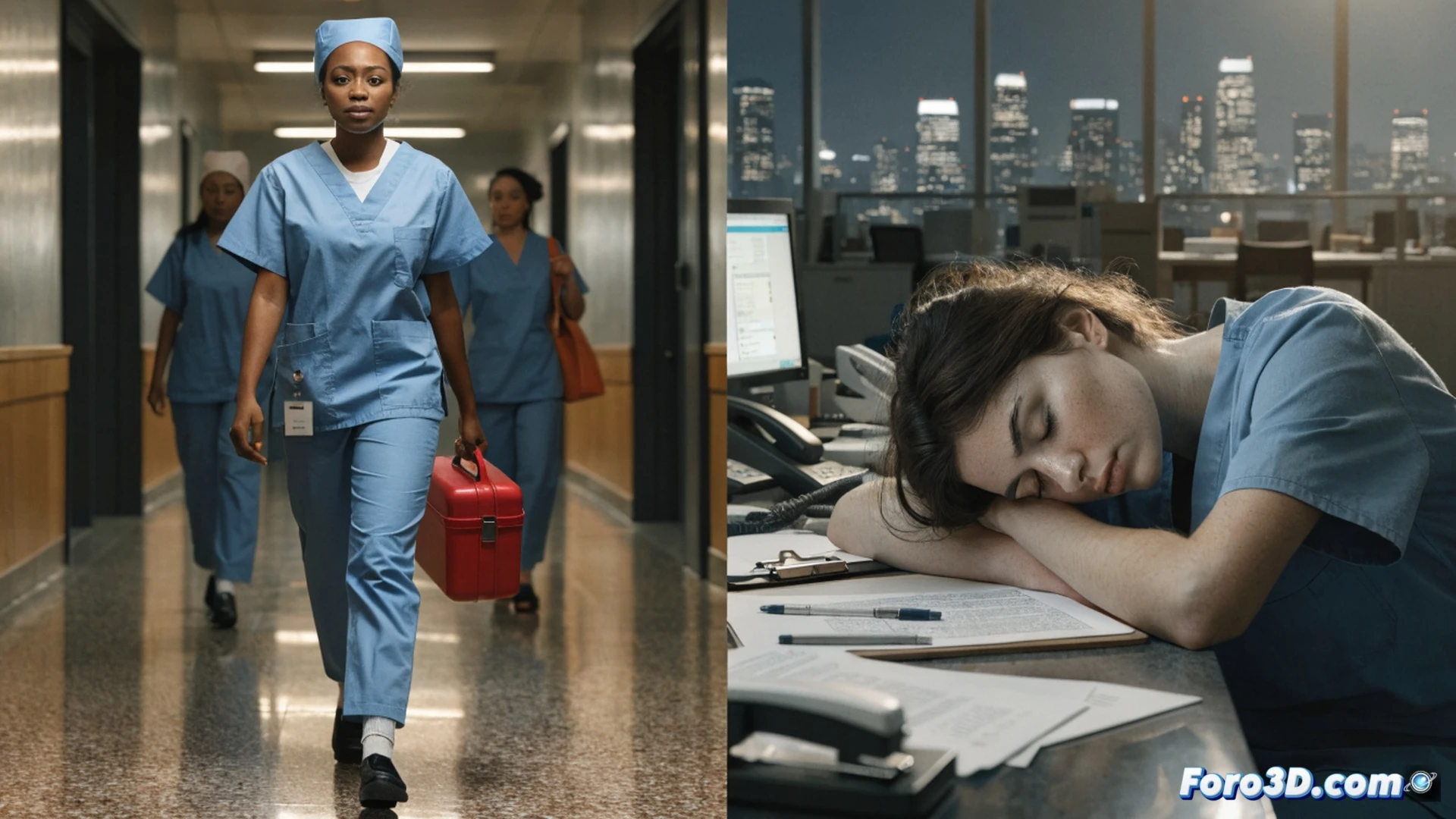 nurse standing alone in a dim hospital hallway, holding a single blood pressure cuff and a stack of temporary contract papers, fluorescent lights flickering overhead, empty nurse station with disconnected phones, worn-out scrubs and visible exhaustion, one hand pressing against a cracked wall, metaphor of stability crumbling, photorealistic cinematic style, cold blue and grey tones, harsh shadows, dramatic chiaroscuro lighting, ultra-detailed fabric texture, lonely atmosphere, technical medical environment, peeling posters of past crisis heroism in background