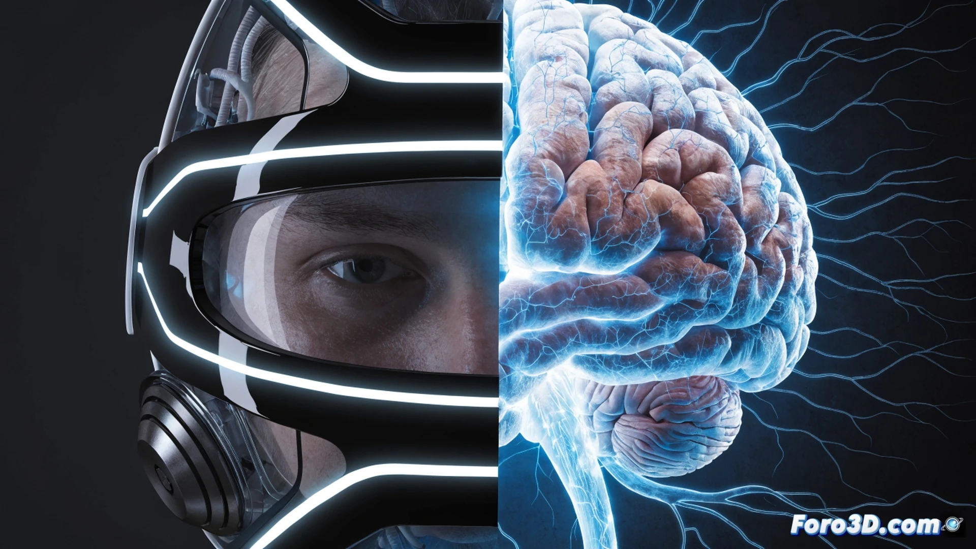 photorealistic technical illustration of a person seated calmly wearing a sleek white head-cooling device with metallic cooling plates and thin tubes, cool blue LED indicators glowing, soft frost forming on temples while neural activity brain scan overlay shows shifting blue and orange heat patterns, gentle vapor rising from cooling unit on nearby table, calm expression with closed eyes, soft clinical lighting, minimalist medical interior, ultra-detailed skin texture and device components, cinematic health technology render
