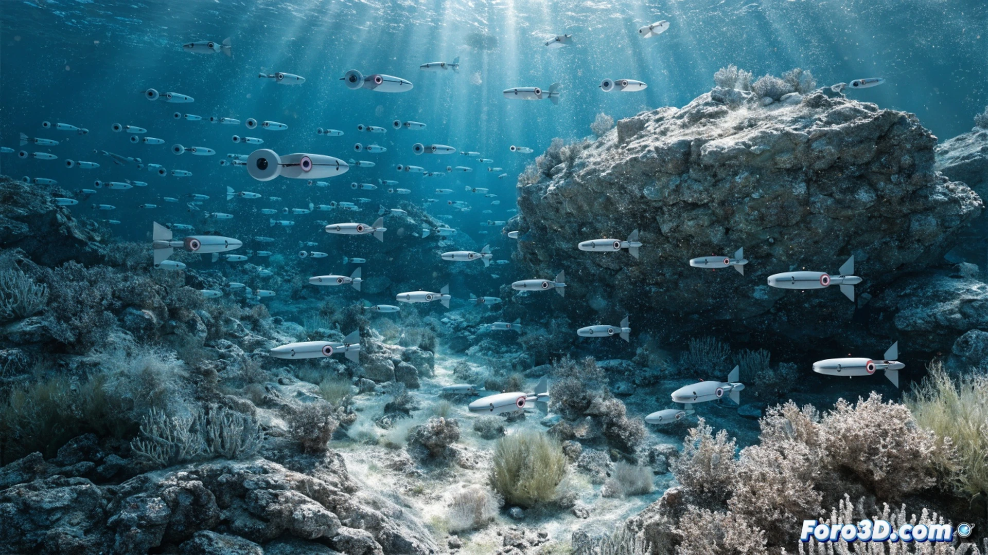 swarm of compact autonomous underwater vehicles navigating through dark ocean trench, multiple AUVs with metallic hulls and glowing sensor arrays communicating via acoustic beams, one drone adjusting its propeller near a hydrothermal vent while others scan the seabed with sonar, coordinated movement patterns shown by faint blue trajectory lines between units, photorealistic deep-sea visualization, cinematic volumetric lighting with bioluminescent particles, high-contrast shadows on rugged ocean floor, detailed mechanical joints and thruster components, engineering-grade material textures, no text or labels visible