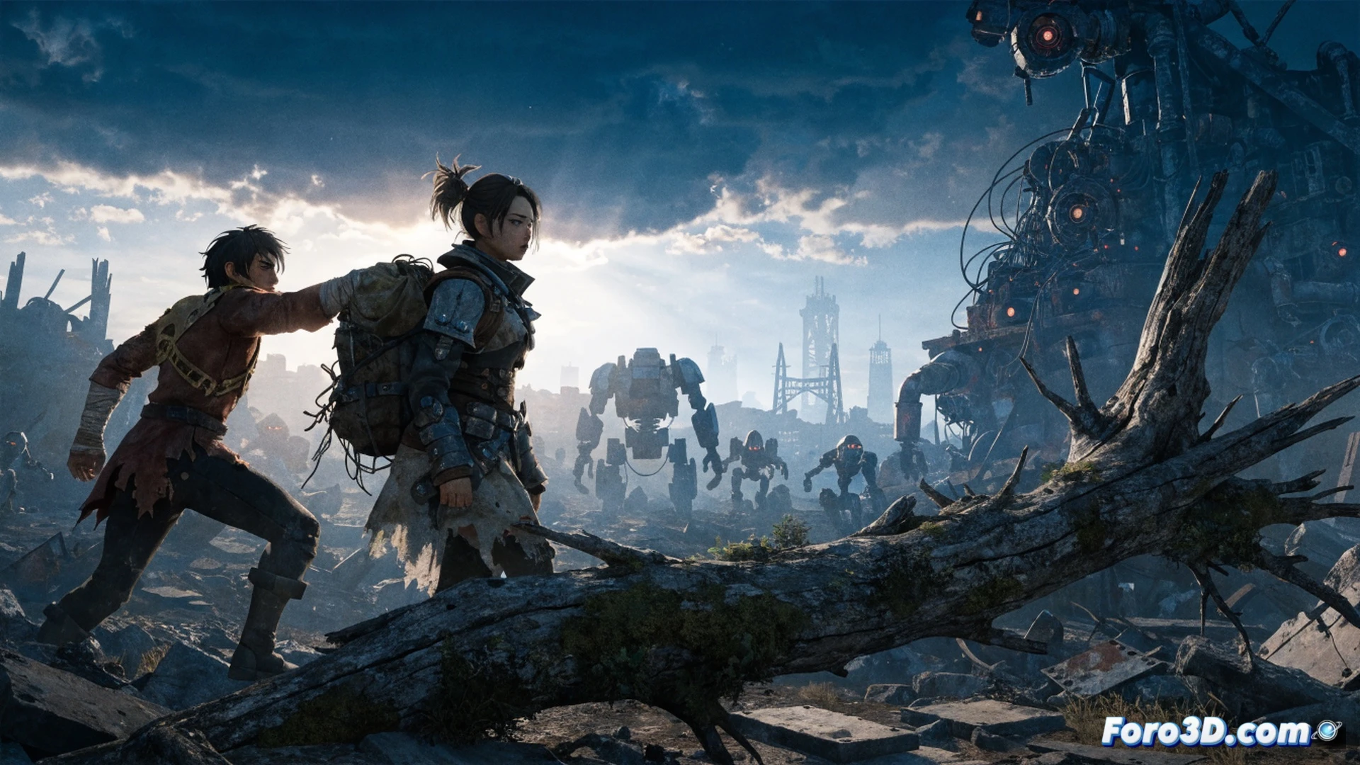 post-apocalyptic urban ruins overgrown with vines, Monkey leaping between collapsed highway sections while Trip scans for threats with a holographic device, robotic hunter drones swooping down through toxic haze, glowing blue energy cables trailing from Trip's wristband to Monkey's slave headband, cinematic action shot, dynamic pose showing movement, photorealistic rendering, debris particles suspended in air, dramatic sunlight breaking through smog, rusted metal structures and crumbling concrete, intense color contrast between Trip's orange outfit and gray environment, wide cinematic composition