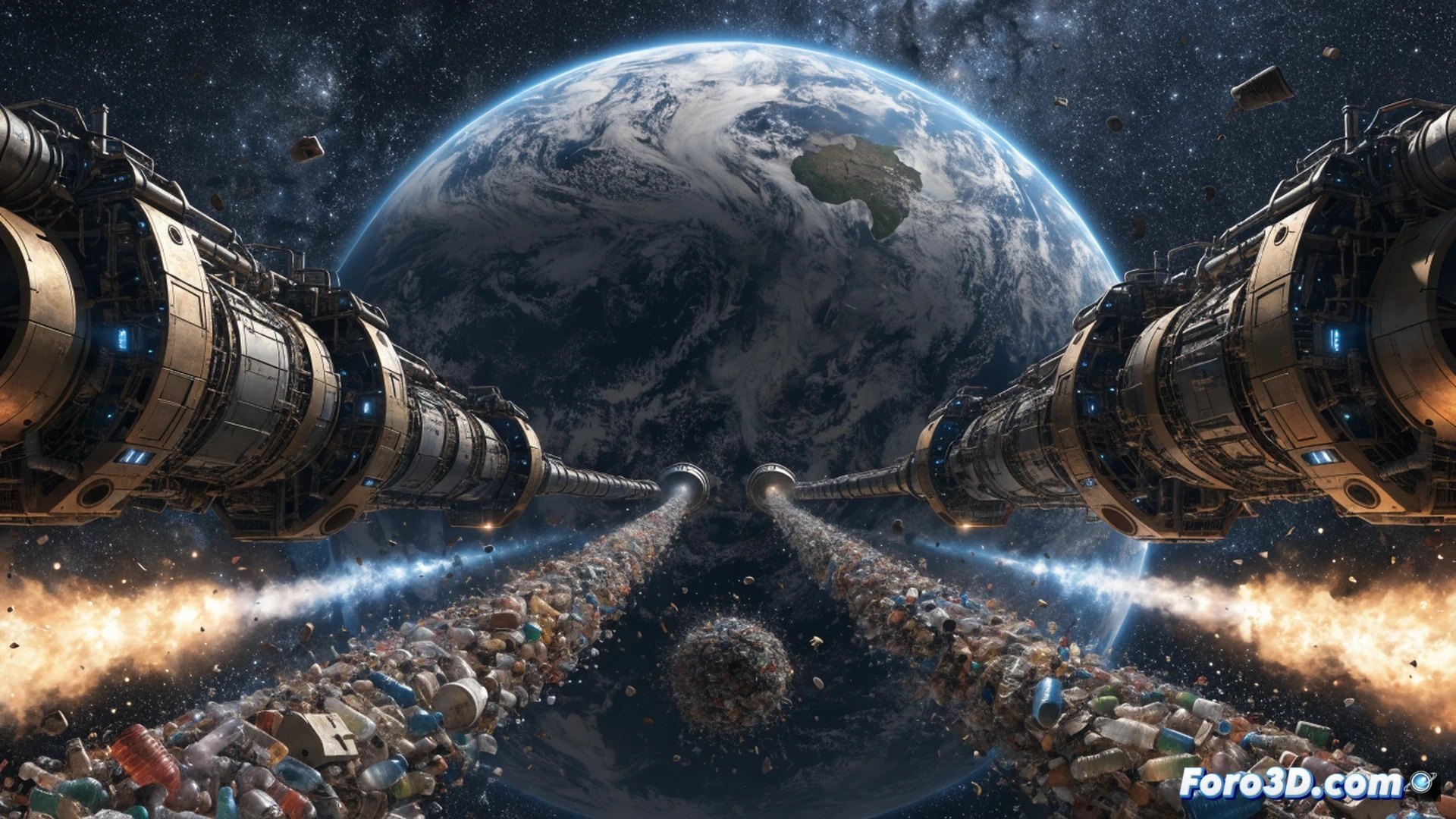 Photorealistic technical illustration of a rocket launch carrying a cargo container labeled with universal waste symbols, while the exhaust plume wraps around Earth’s low orbit, showing debris fields, defunct satellites, and discarded fragments colliding in slow motion, a cracked globe visible on the launchpad below, cinematic engineering visualization, dramatic industrial lighting, hyper-detailed metallic surfaces, glowing orbital collision paths, atmosphere thinning into darkness, ultra-realistic space hardware texture