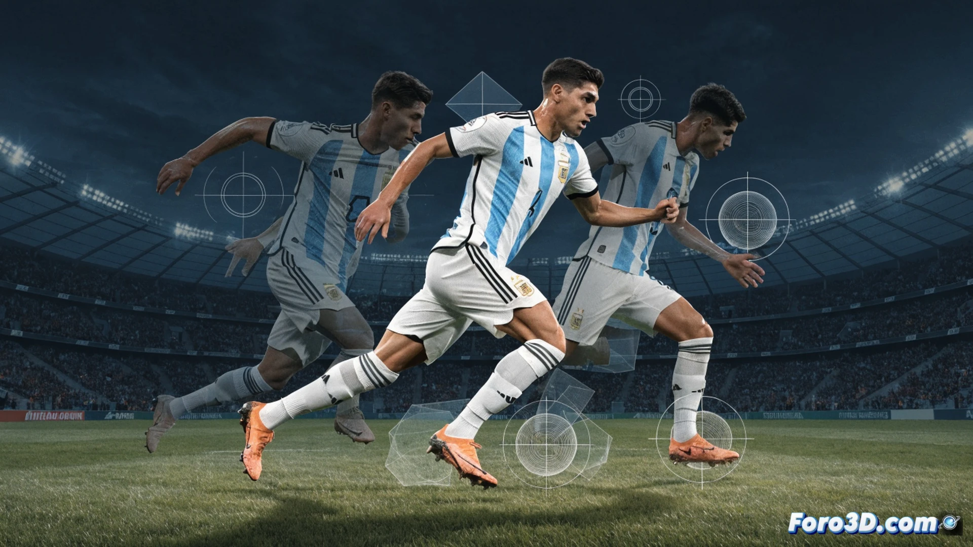 Argentinian midfielder Enzo Fernández mid-stride controlling a football with his left foot, tactical heatmap overlay on the pitch showing passing lanes and defensive zones, 3D wireframe skeleton tracking his body movement and joint angles, glowing blue trajectory lines from his feet to teammates, cinematic sports science visualization, photorealistic rendering, stadium floodlights casting sharp shadows, dynamic motion blur on his jersey, technical data panels floating in the background with radar charts and movement clusters, ultra-detailed grass texture, dramatic low-angle perspective