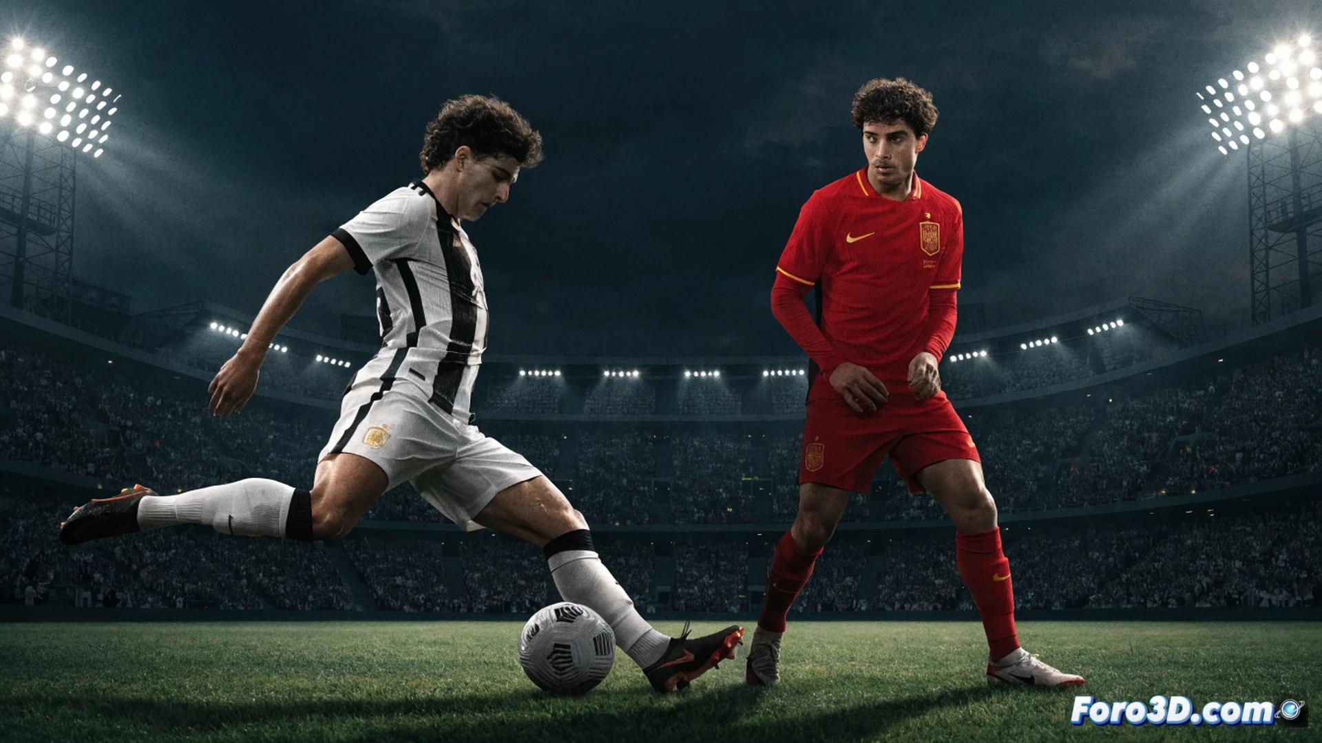 Two football players in intense midfield duel on a rain-soaked pitch, one in Argentina blue and white stripes executing a precise sliding tackle, the other in Spain red shirt attempting a dribble, grass blades and water droplets flying on impact, stadium floodlights casting dramatic shadows, motion blur on legs, photorealistic cinematic sports photography, high contrast dynamic lighting, ultra-detailed fabric textures, muddy cleats, intense facial expressions, crowd blur in background, technical action freeze-frame