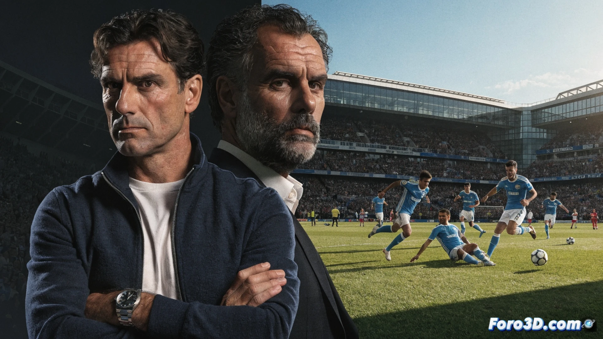 Soccer tactical board with glowing player positions, Enzo Maresca in a suit pointing at a formation screen showing Guardiola-style attacking patterns, Manchester City blue LED interface displaying tactical data streams, assistant coaches analyzing tablet metrics during a live training session, cinematic technical illustration, bright stadium lighting, motion blur on passing routes, photorealistic sports visualization, detailed control room atmosphere