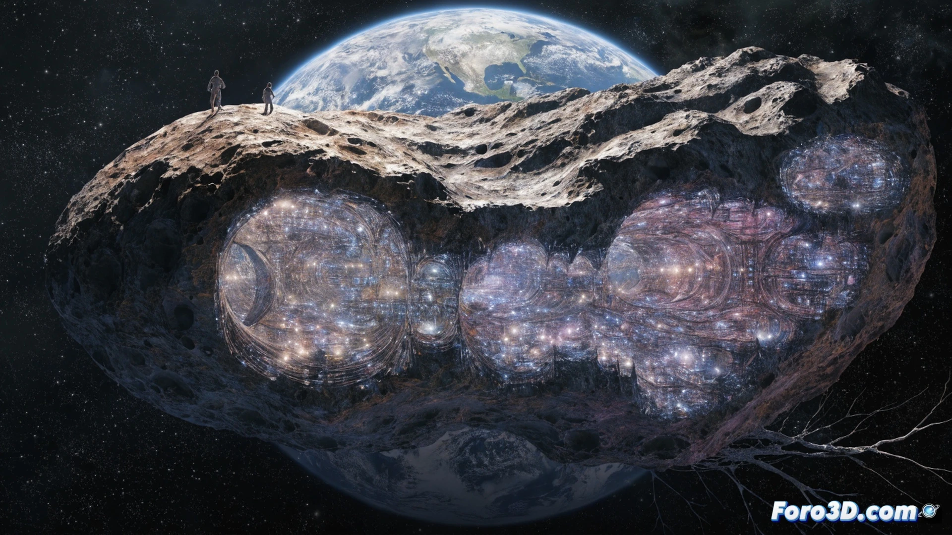 Gigantic asteroid floating in Earth orbit, cross-section revealing alien spacecraft interior filled with crystalline data libraries, human astronauts in advanced spacesuits exploring floating holographic timelines, beams of light projecting future events as translucent scenes, one astronaut reaching toward a glowing artifact while another observes data streams, cinematic photorealistic engineering visualization, intricate spacecraft architecture with metallic alien structures, dramatic cosmic lighting from Earth in background, ultra-detailed mechanical components and holographic displays, high-contrast shadows, deep space atmosphere, motion blur from drifting debris particles