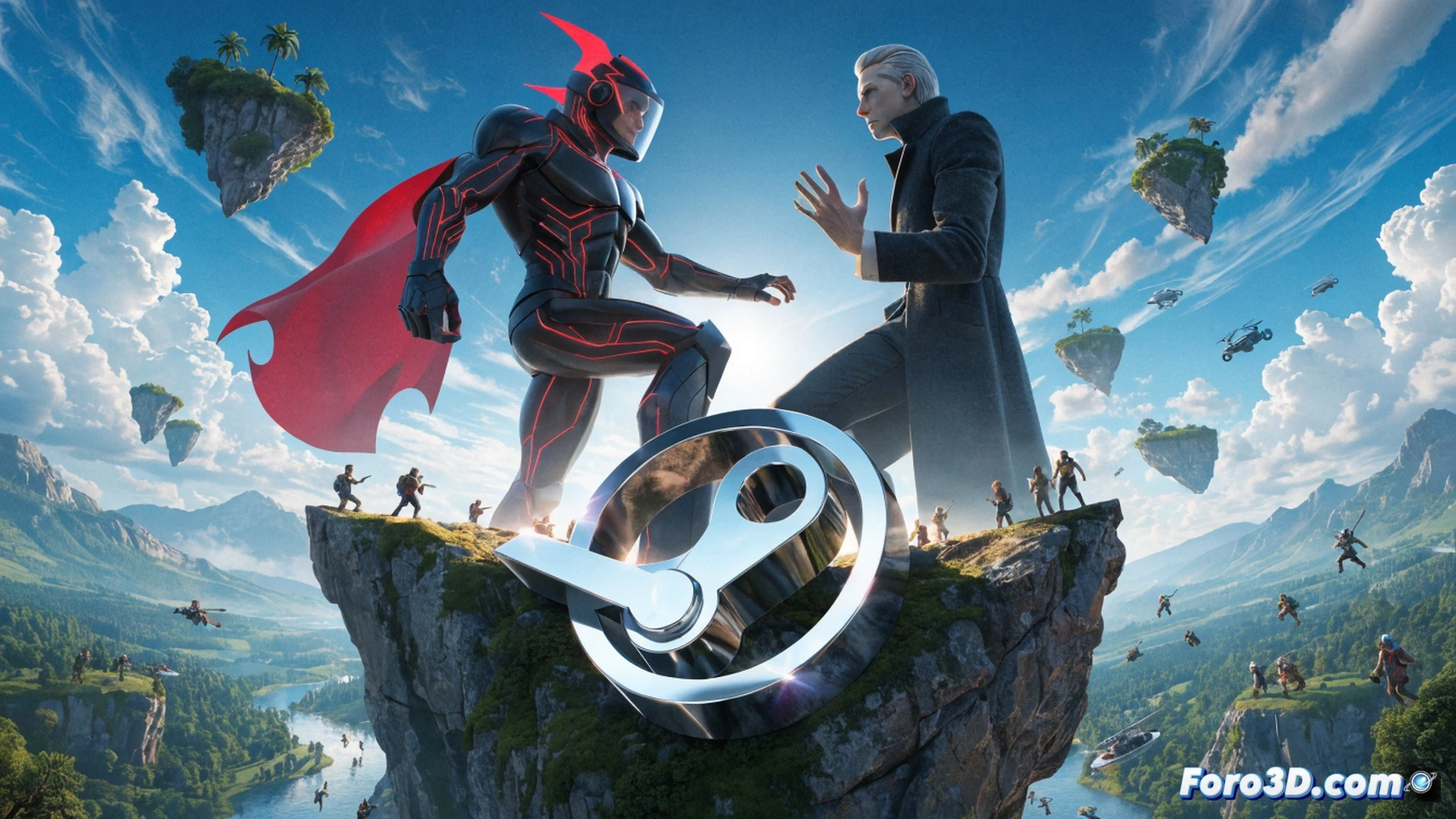 Epic Games executive pointing at a massive Steam storefront display showing only small indie games while a colossal Fortnite battle bus crashes through a wall behind him, digital store shelves labeled with platform logos, Genshin Impact characters floating nearby, glowing price tags floating in air, competitive marketplace tension, cinematic shot with dramatic lighting, photorealistic technical illustration, gaming industry metaphor, ultra-detailed textures, dynamic action scene showing market disruption